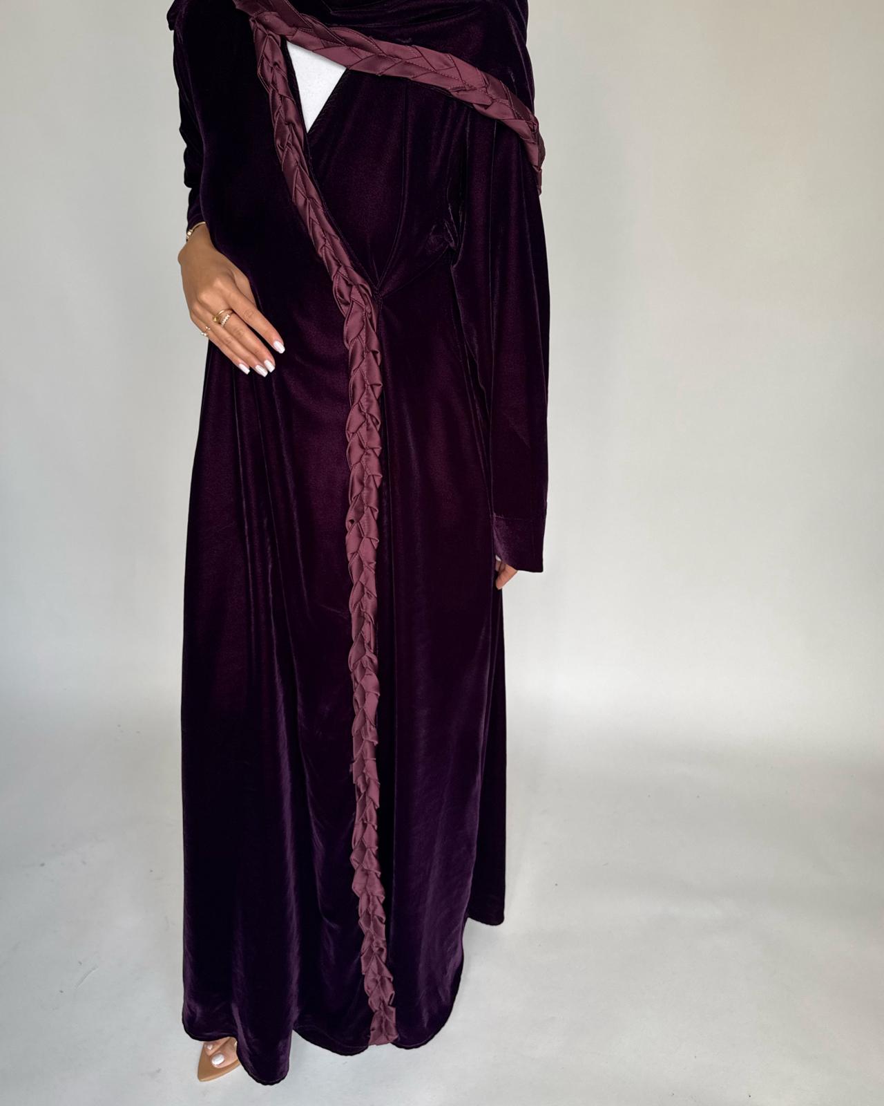 A473 - Purple Braided Velvet Abaya with Matching Velvet Head Scarf
