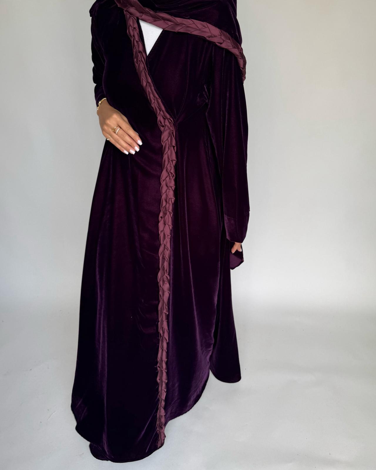 A473 - Purple Braided Velvet Abaya with Matching Velvet Head Scarf