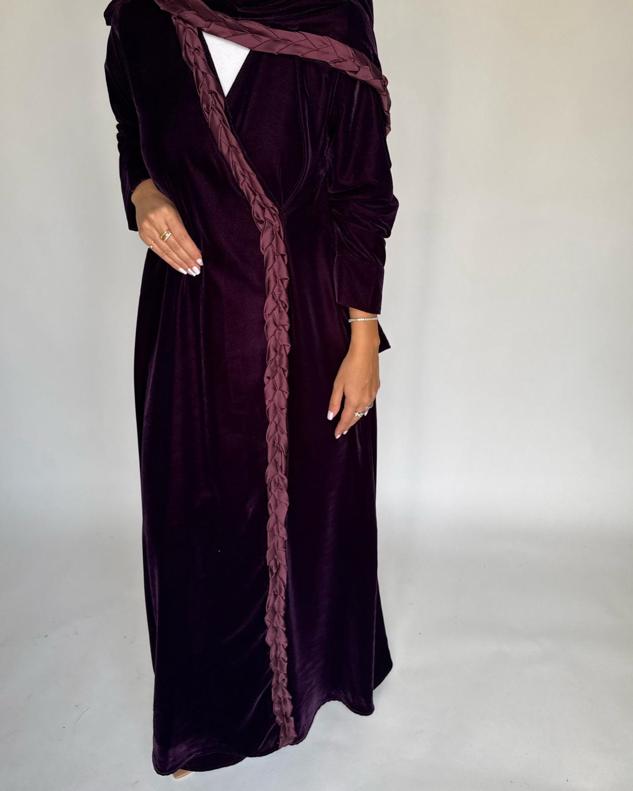 A473 - Purple Braided Velvet Abaya with Matching Velvet Head Scarf