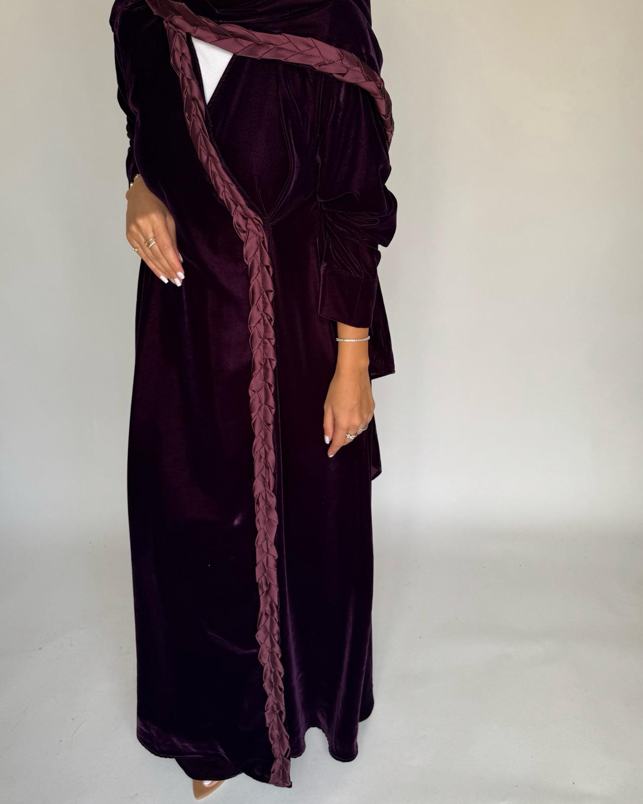 A473 - Purple Braided Velvet Abaya with Matching Velvet Head Scarf
