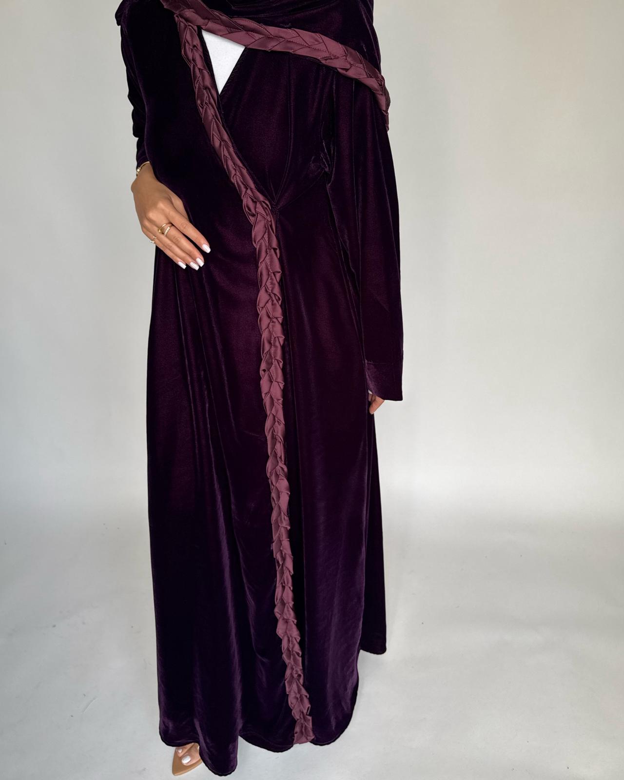 A473 - Purple Braided Velvet Abaya with Matching Velvet Head Scarf