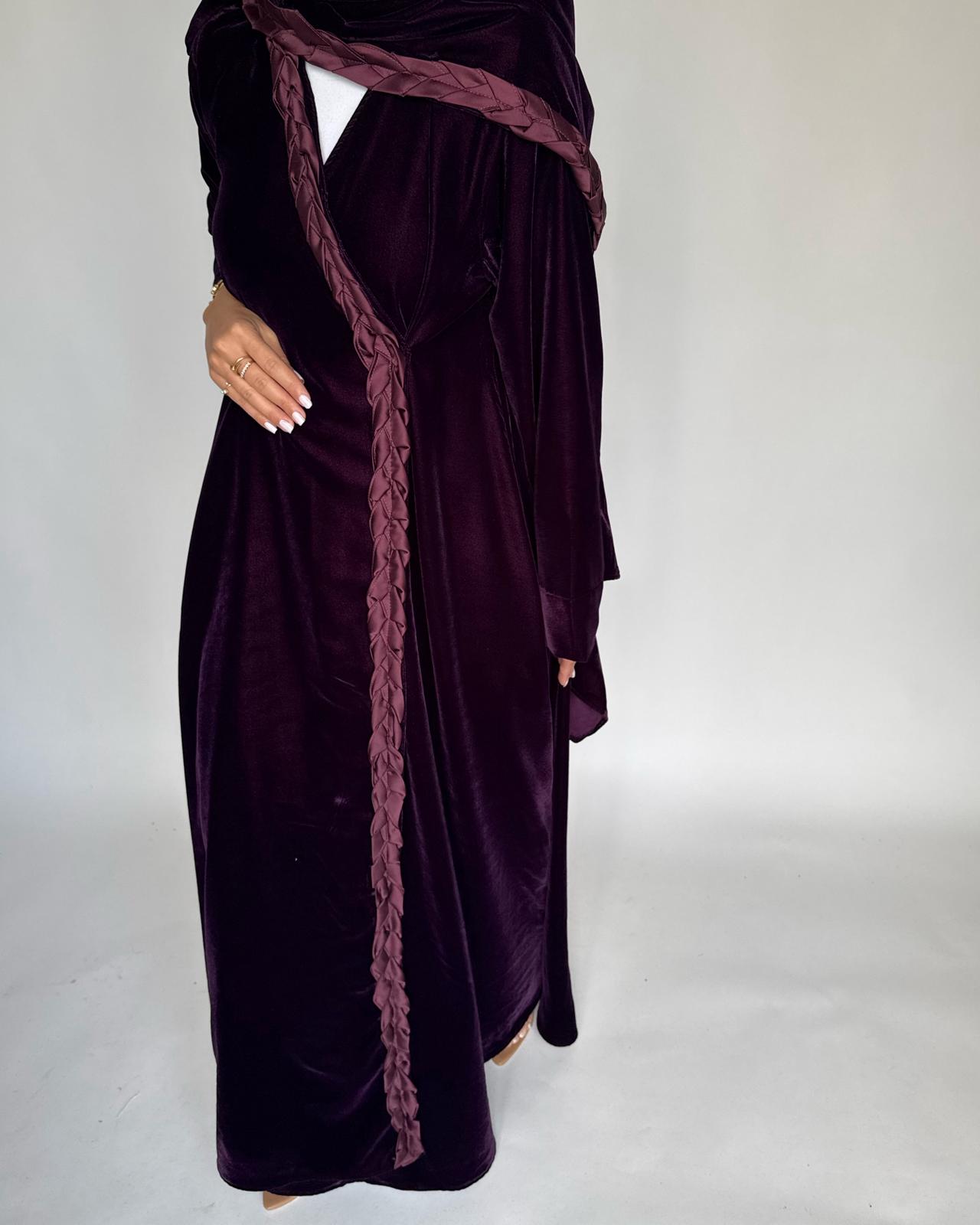 A473 - Purple Braided Velvet Abaya with Matching Velvet Head Scarf