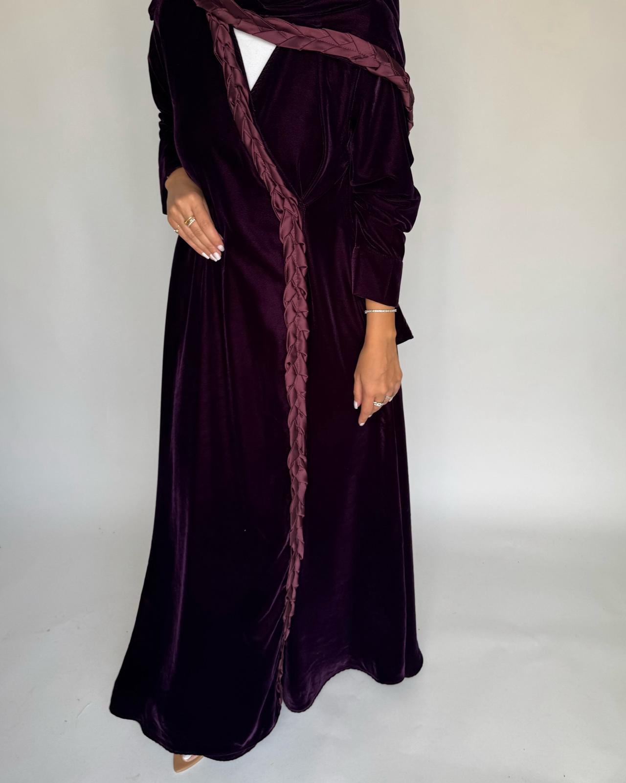 A473 - Purple Braided Velvet Abaya with Matching Velvet Head Scarf