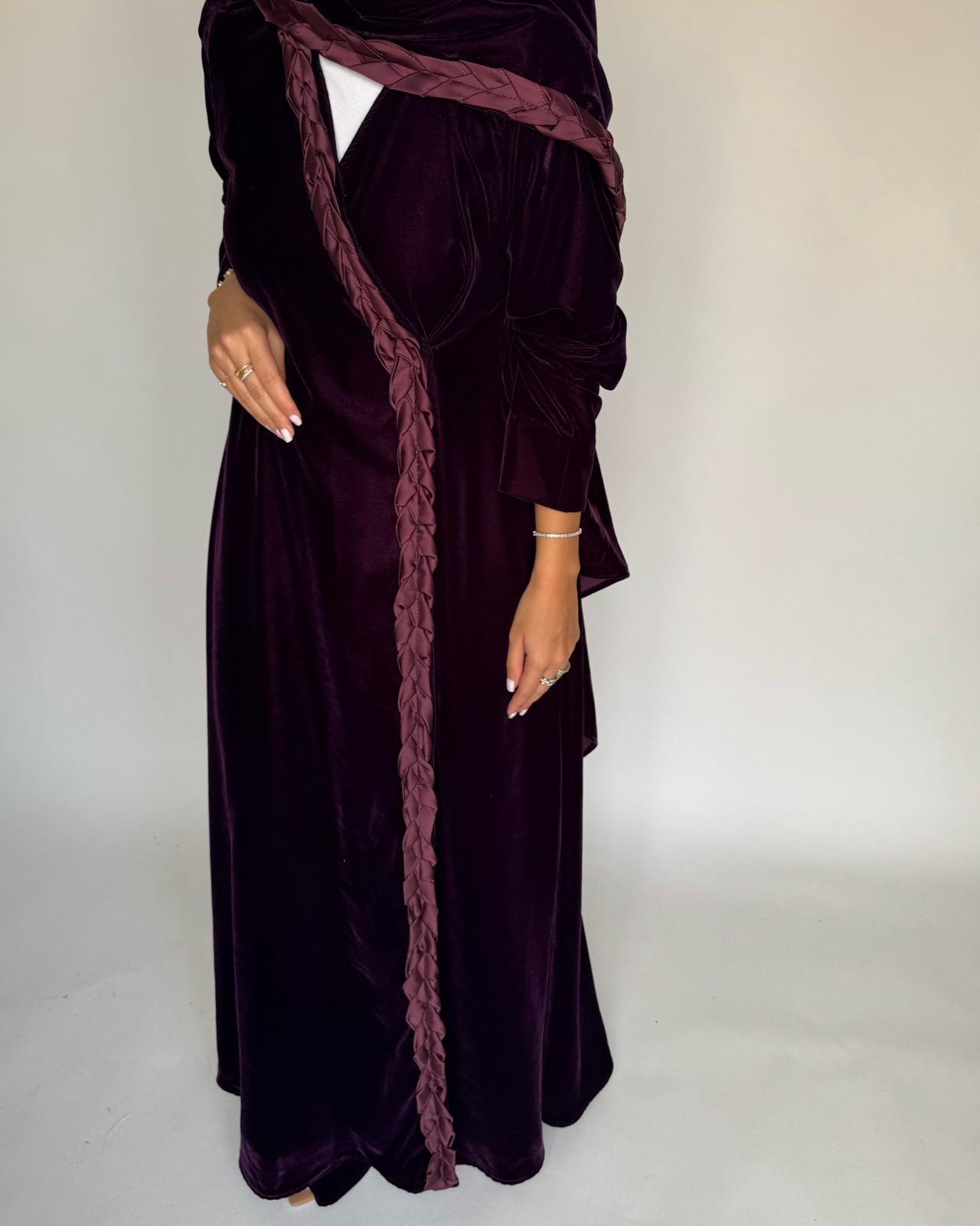 A473 - Purple Braided Velvet Abaya with Matching Velvet Head Scarf