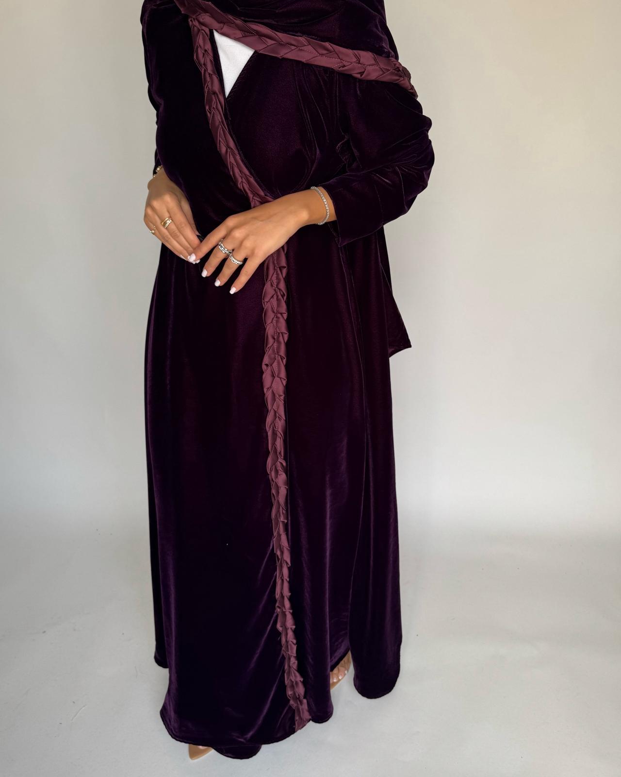 A473 - Purple Braided Velvet Abaya with Matching Velvet Head Scarf