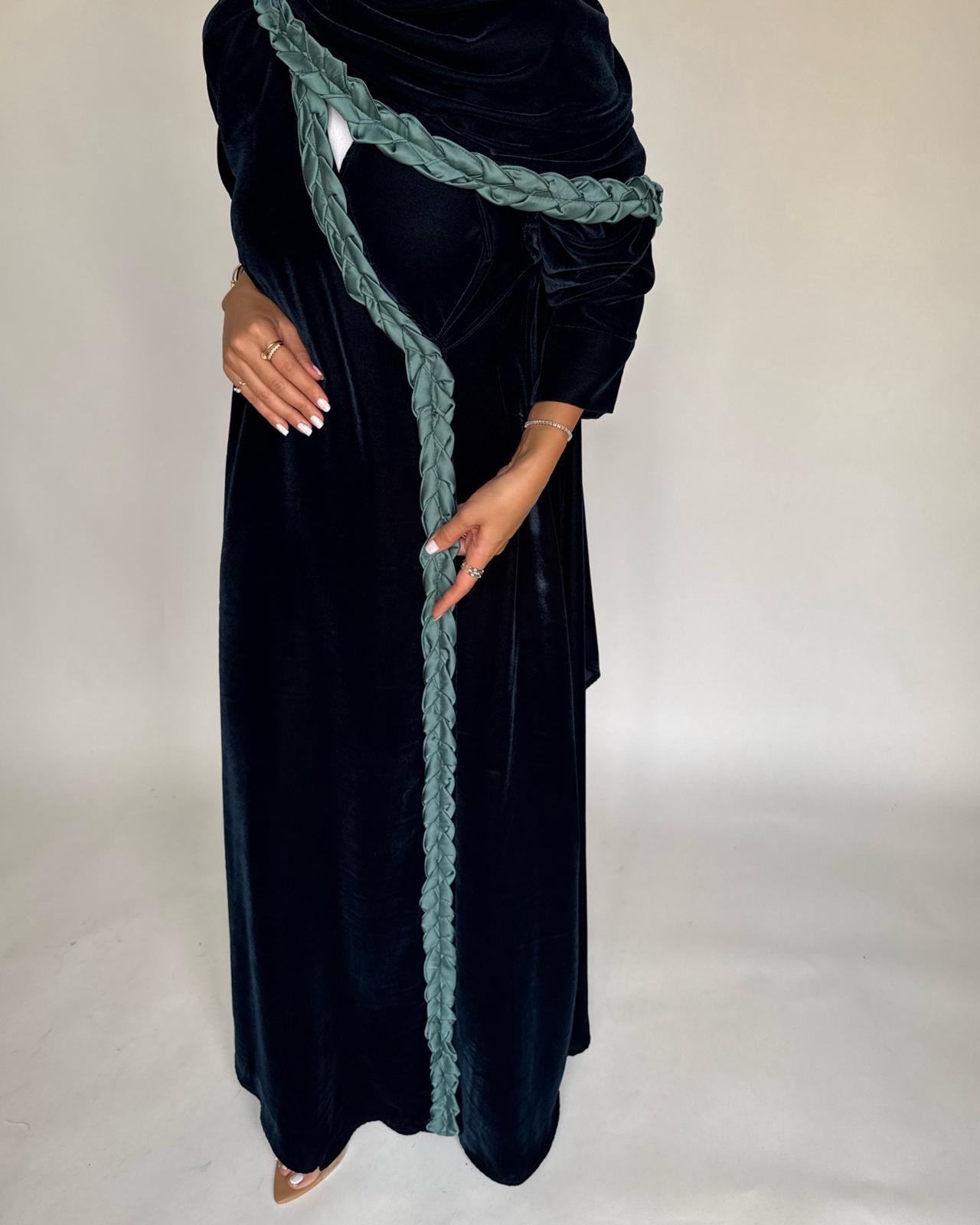 A476 - Turquoise Braided Velvet Abaya with Matching Velvet Head Scarf