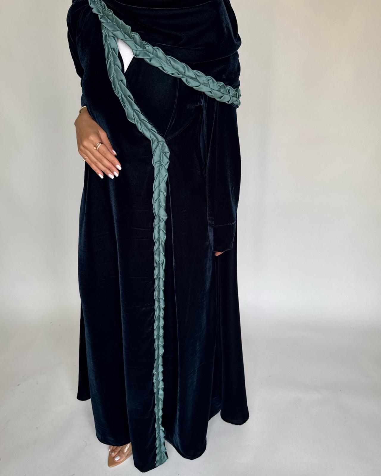 A476 - Turquoise Braided Velvet Abaya with Matching Velvet Head Scarf