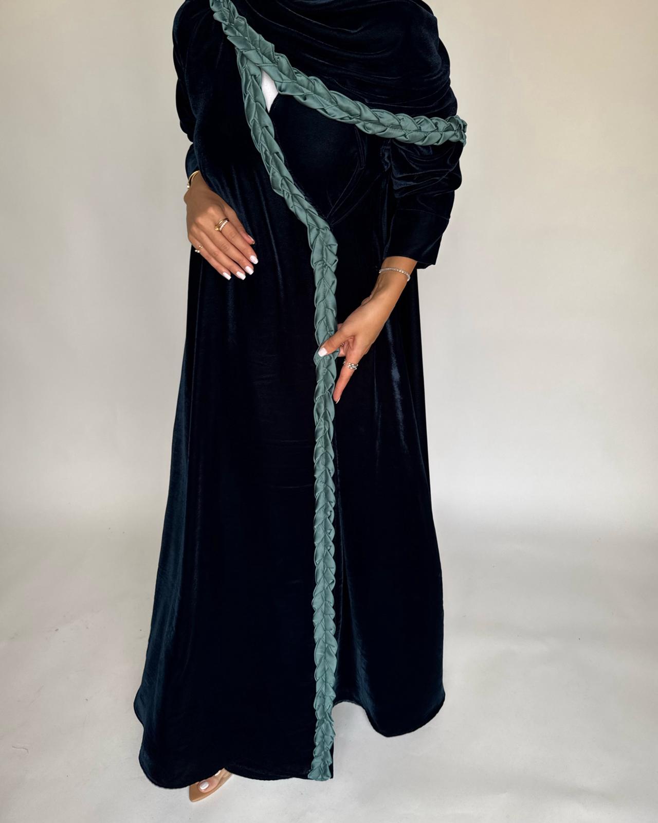 A476 - Turquoise Braided Velvet Abaya with Matching Velvet Head Scarf
