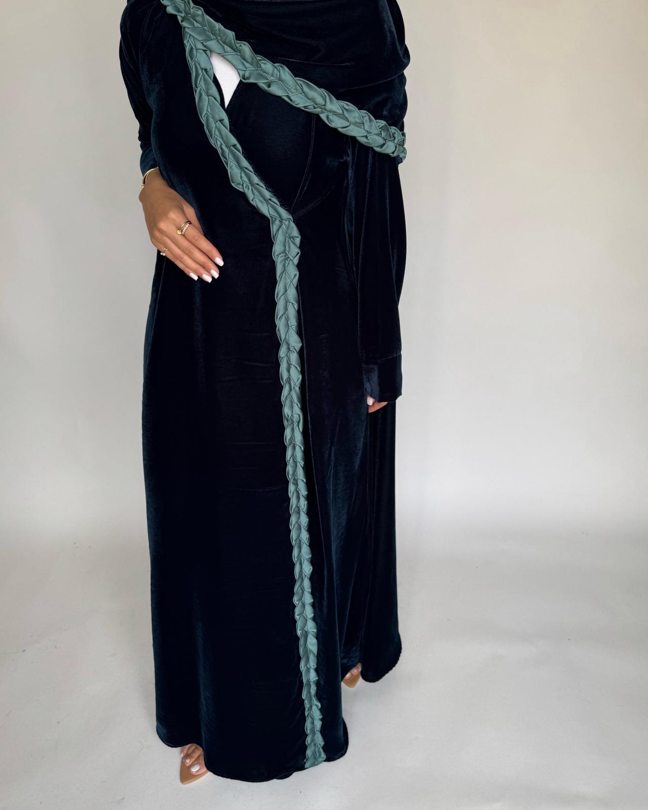 A476 - Turquoise Braided Velvet Abaya with Matching Velvet Head Scarf