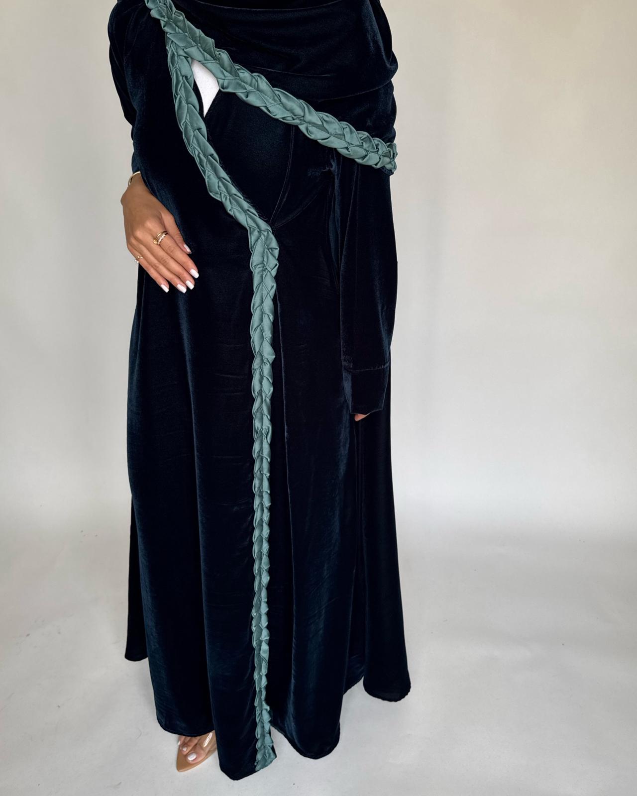 A476 - Turquoise Braided Velvet Abaya with Matching Velvet Head Scarf