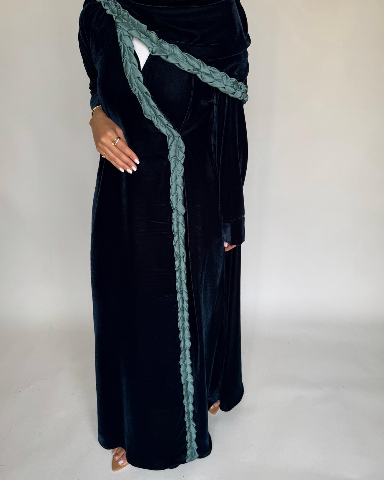A476 - Turquoise Braided Velvet Abaya with Matching Velvet Head Scarf