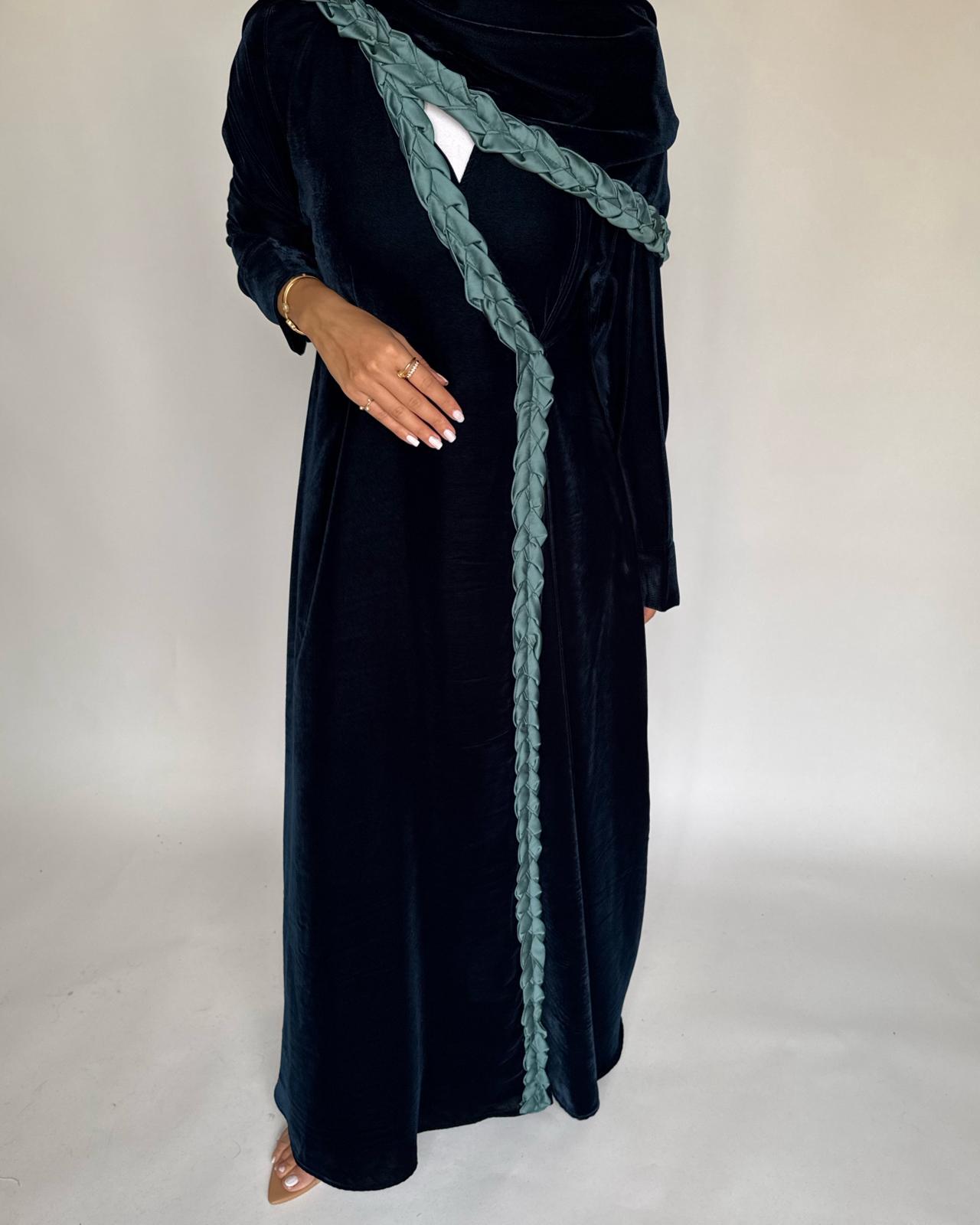 A476 - Turquoise Braided Velvet Abaya with Matching Velvet Head Scarf