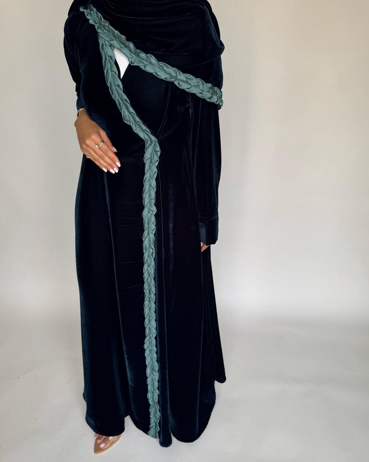A476 - Turquoise Braided Velvet Abaya with Matching Velvet Head Scarf