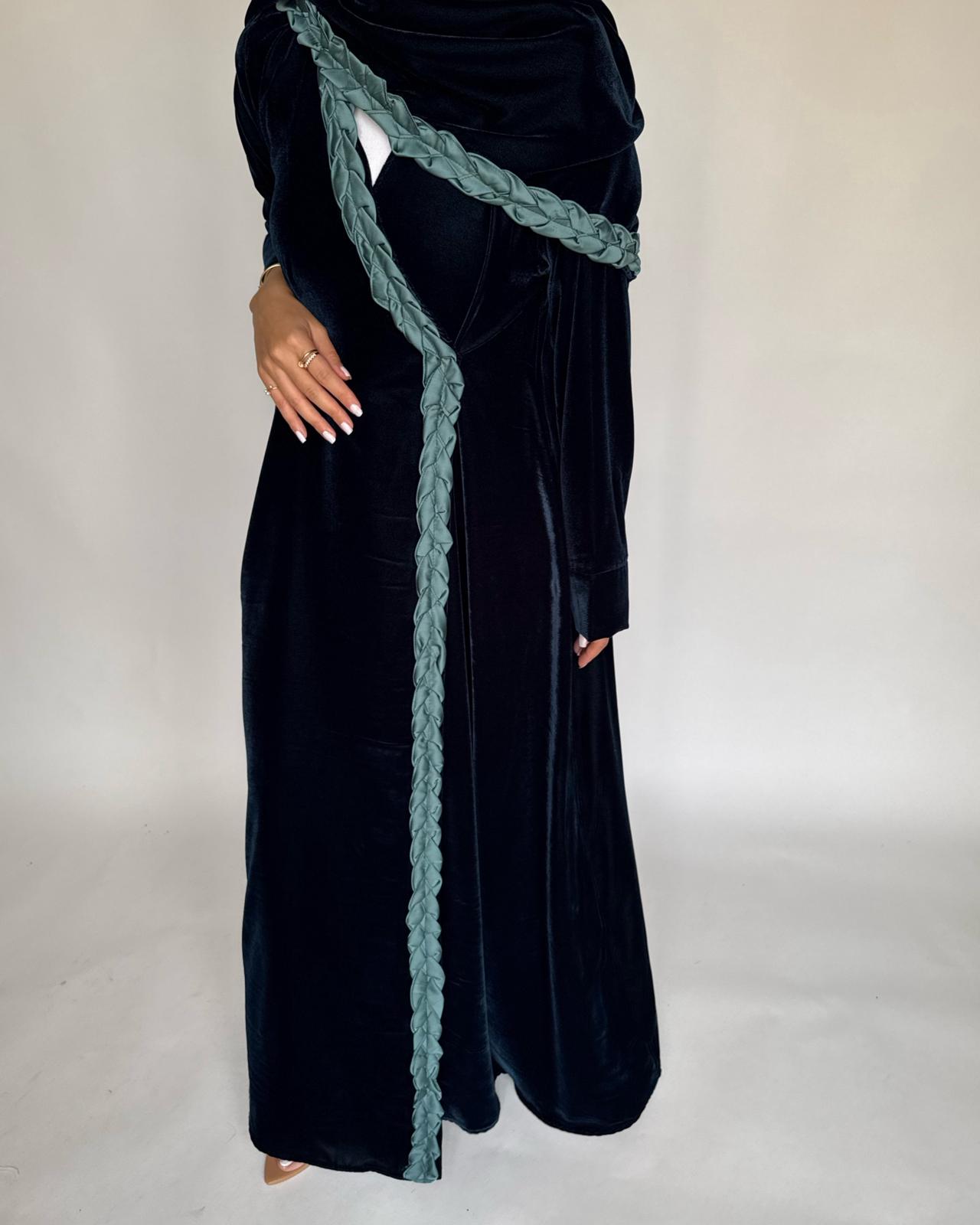 A476 - Turquoise Braided Velvet Abaya with Matching Velvet Head Scarf