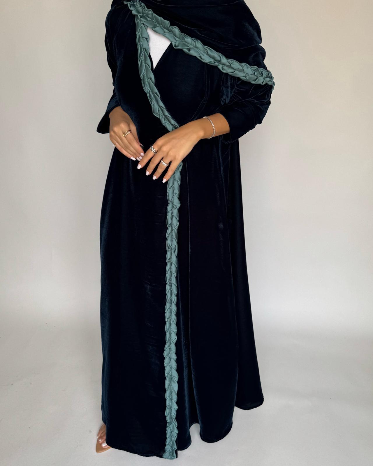 A476 - Turquoise Braided Velvet Abaya with Matching Velvet Head Scarf