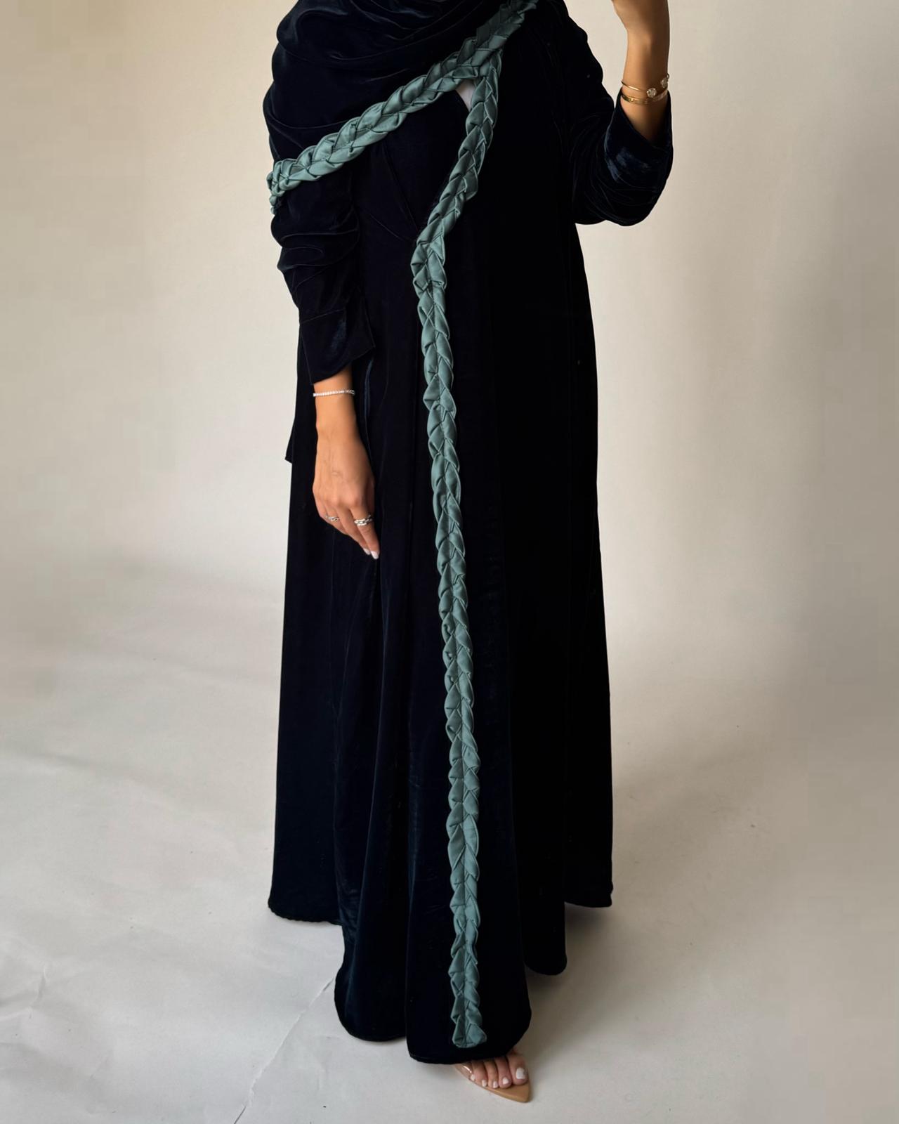 A476 - Turquoise Braided Velvet Abaya with Matching Velvet Head Scarf