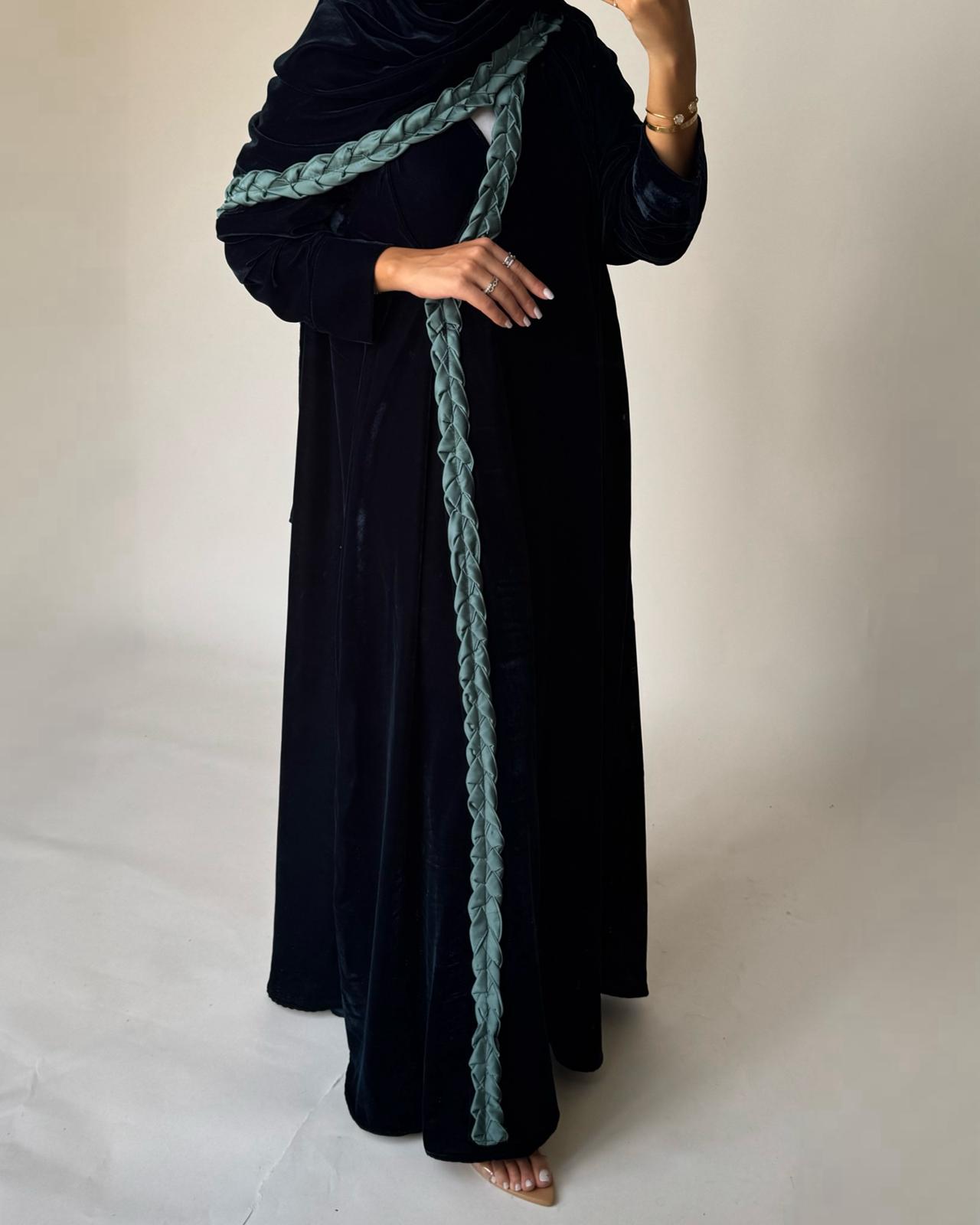A476 - Turquoise Braided Velvet Abaya with Matching Velvet Head Scarf