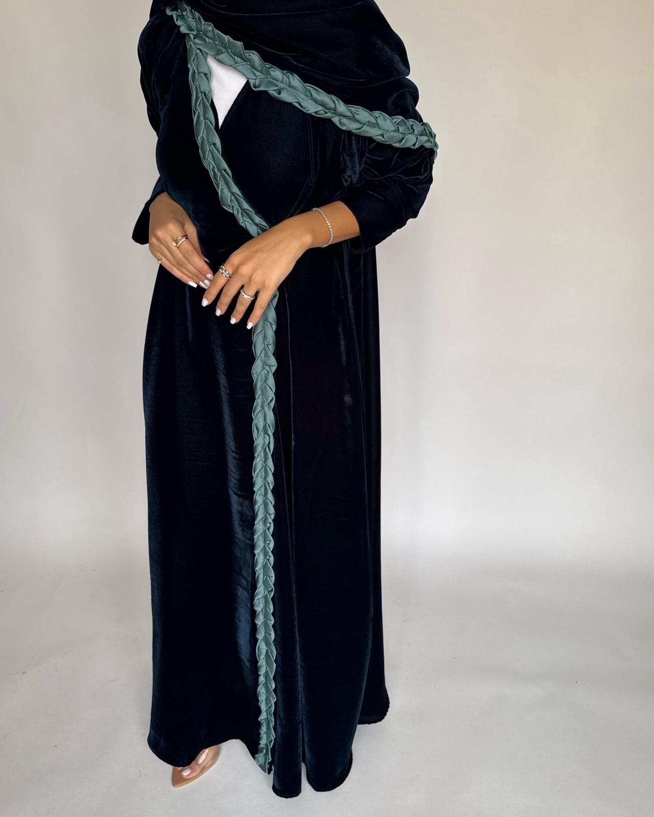 A476 - Turquoise Braided Velvet Abaya with Matching Velvet Head Scarf