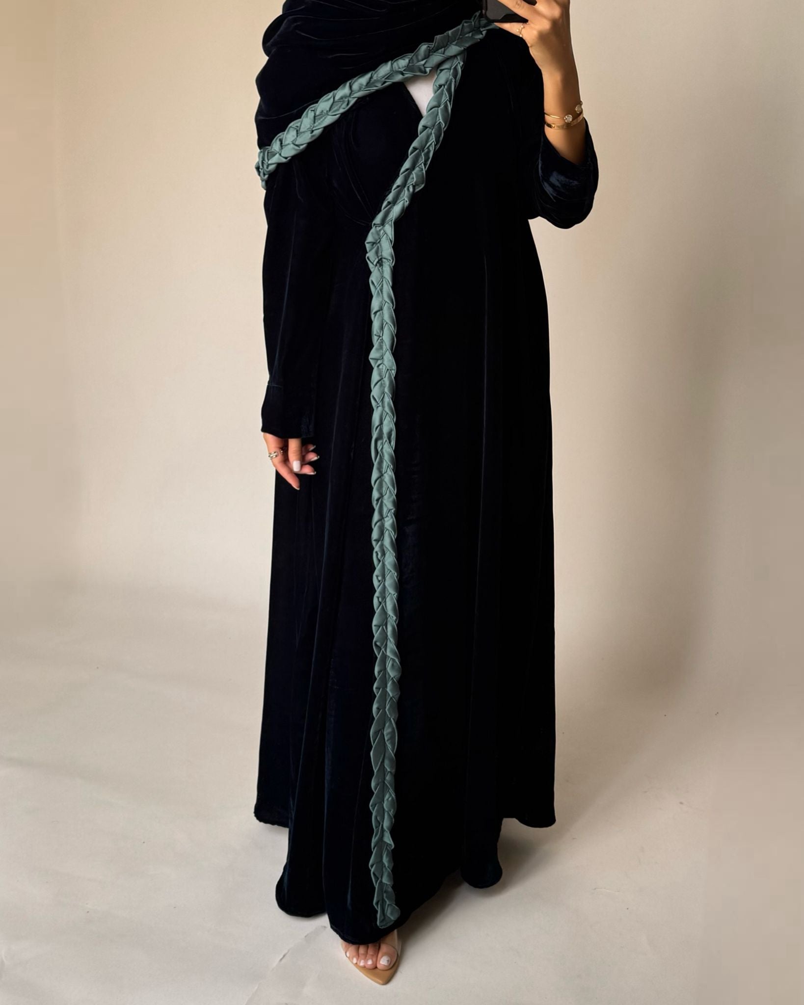 A476 - Turquoise Braided Velvet Abaya with Matching Velvet Head Scarf