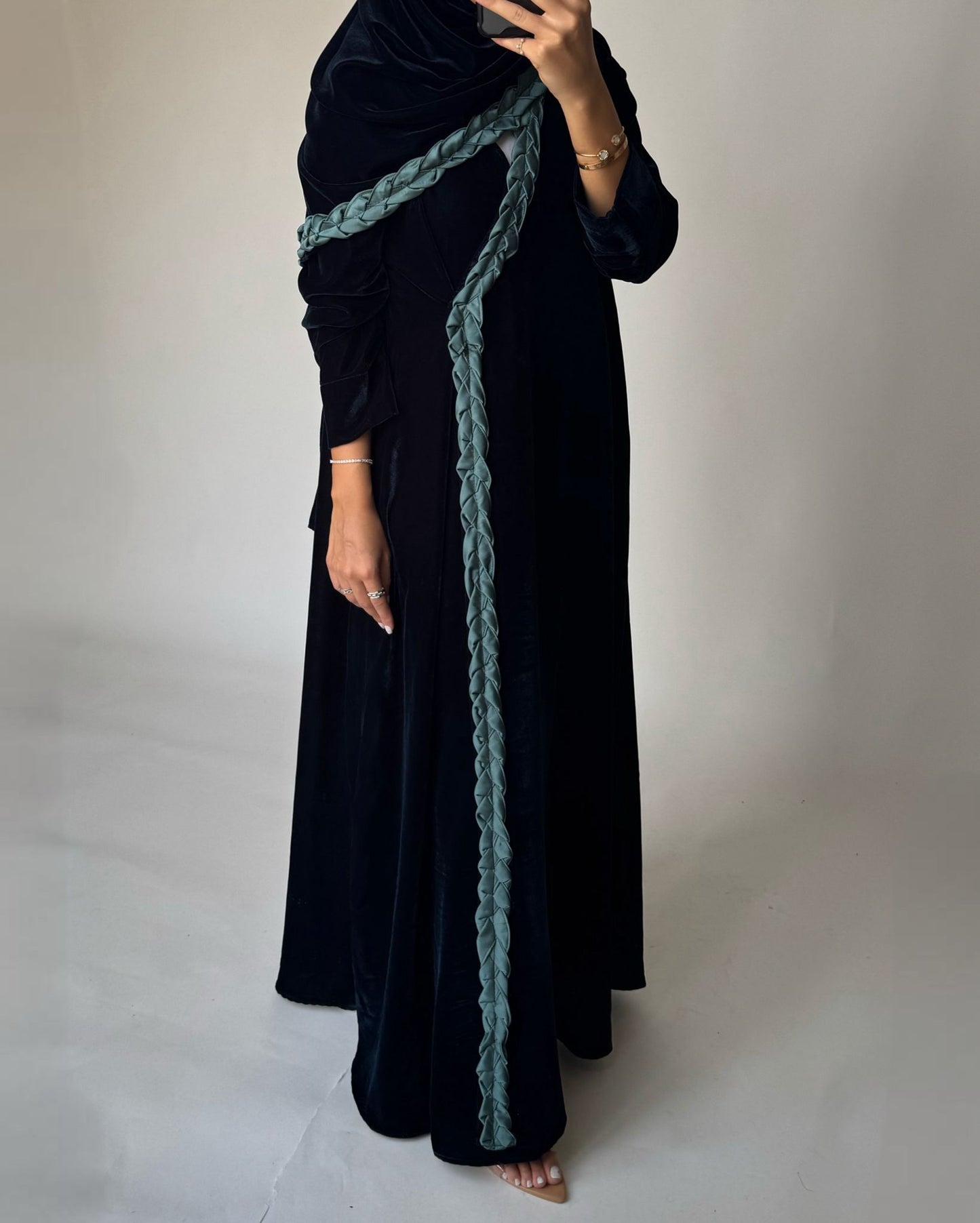 A476 - Turquoise Braided Velvet Abaya with Matching Velvet Head Scarf