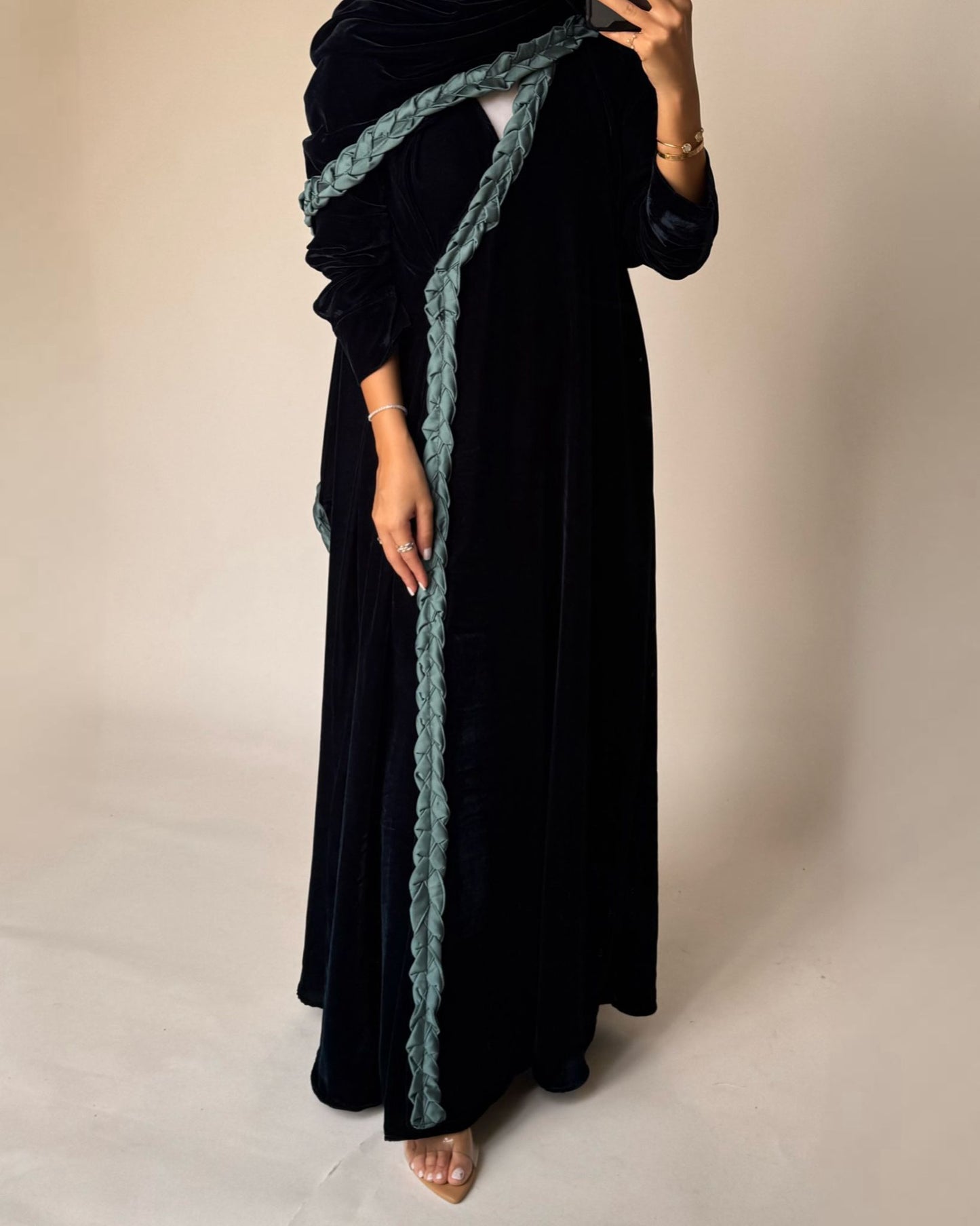 A476 - Turquoise Braided Velvet Abaya with Matching Velvet Head Scarf