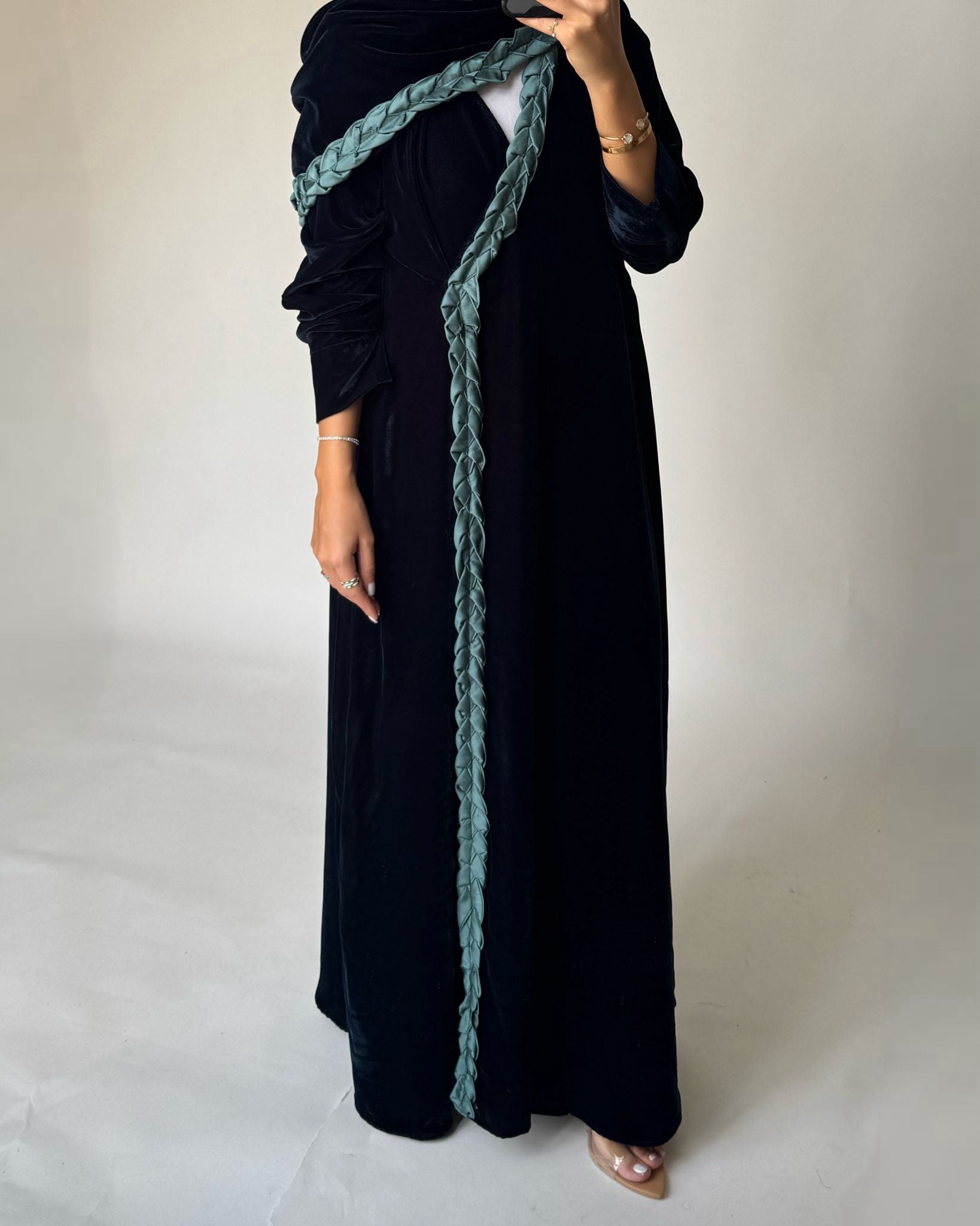 A476 - Turquoise Braided Velvet Abaya with Matching Velvet Head Scarf