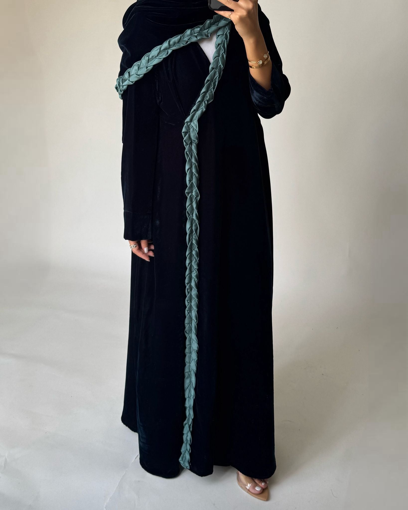 A476 - Turquoise Braided Velvet Abaya with Matching Velvet Head Scarf