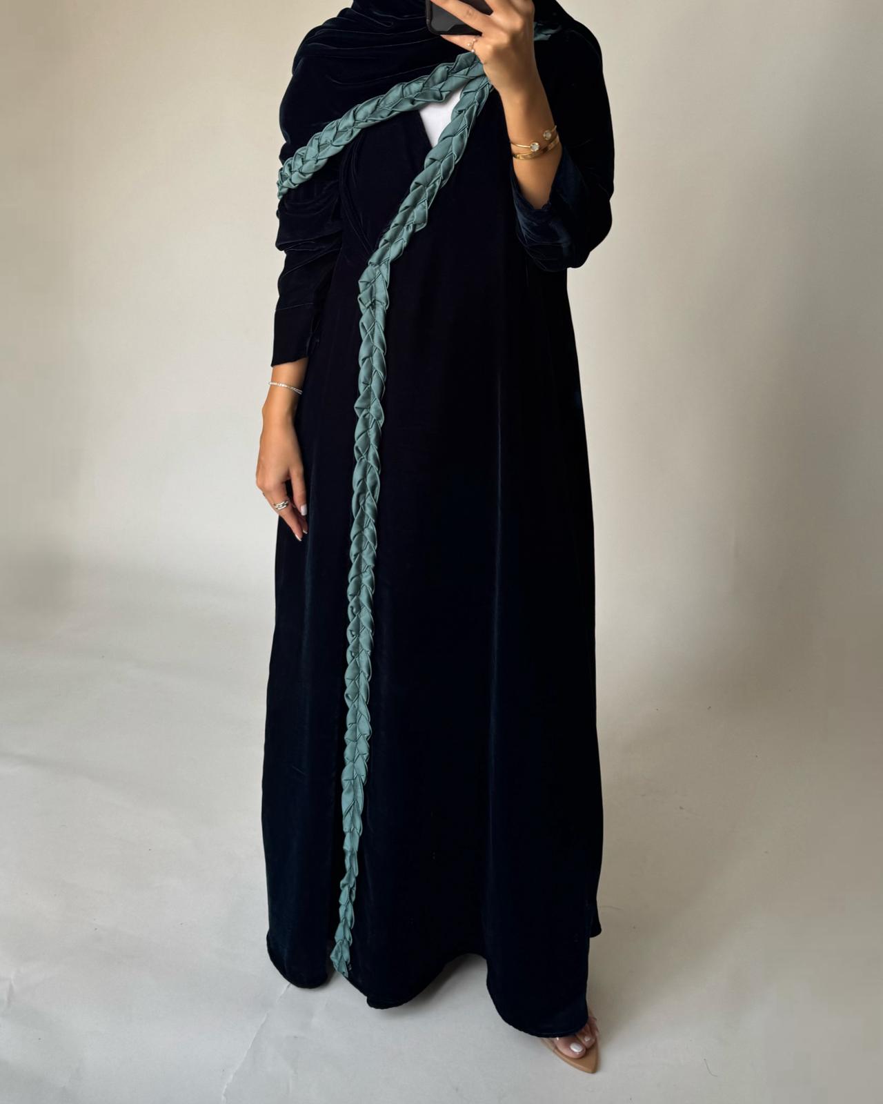 A476 - Turquoise Braided Velvet Abaya with Matching Velvet Head Scarf