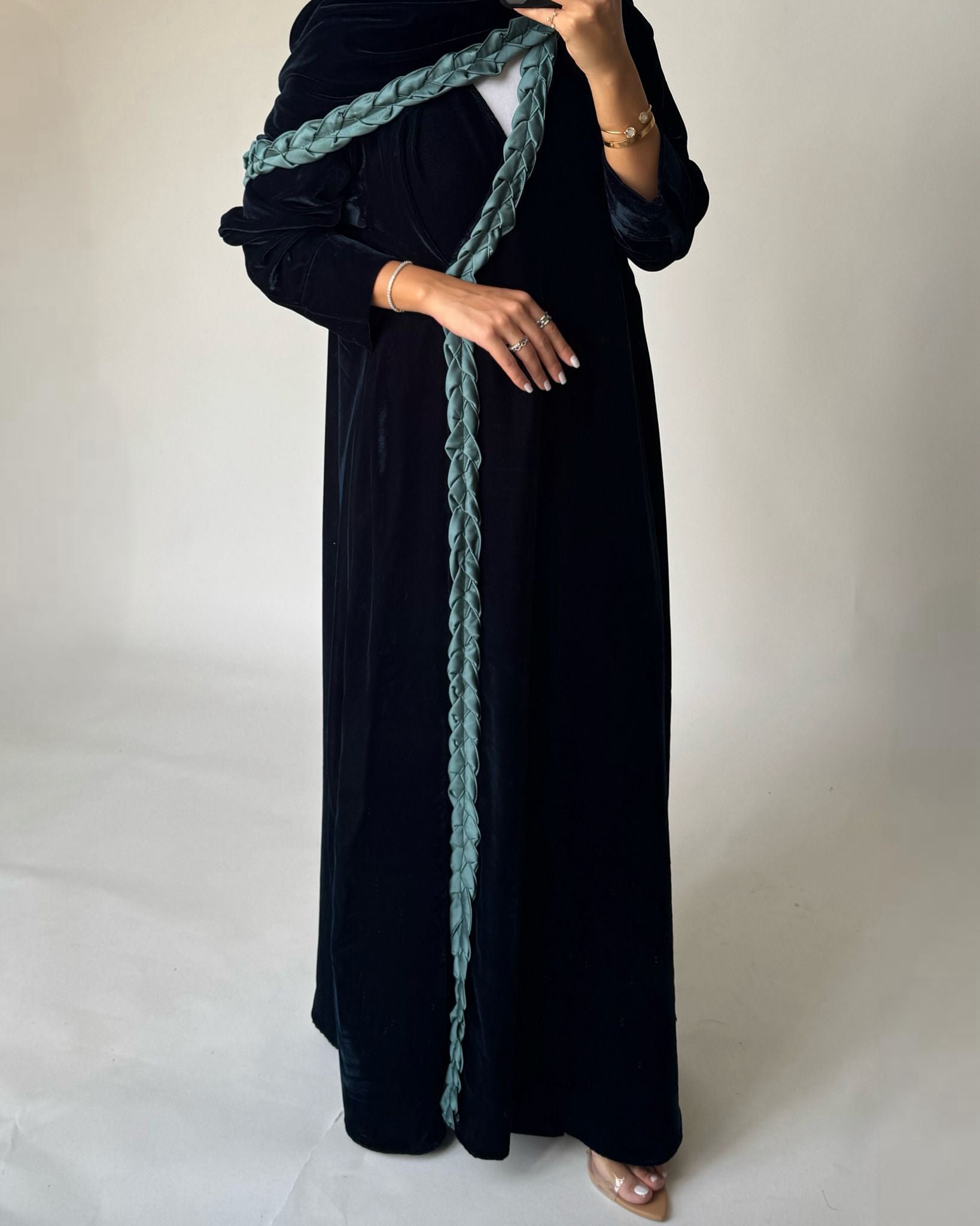 A476 - Turquoise Braided Velvet Abaya with Matching Velvet Head Scarf