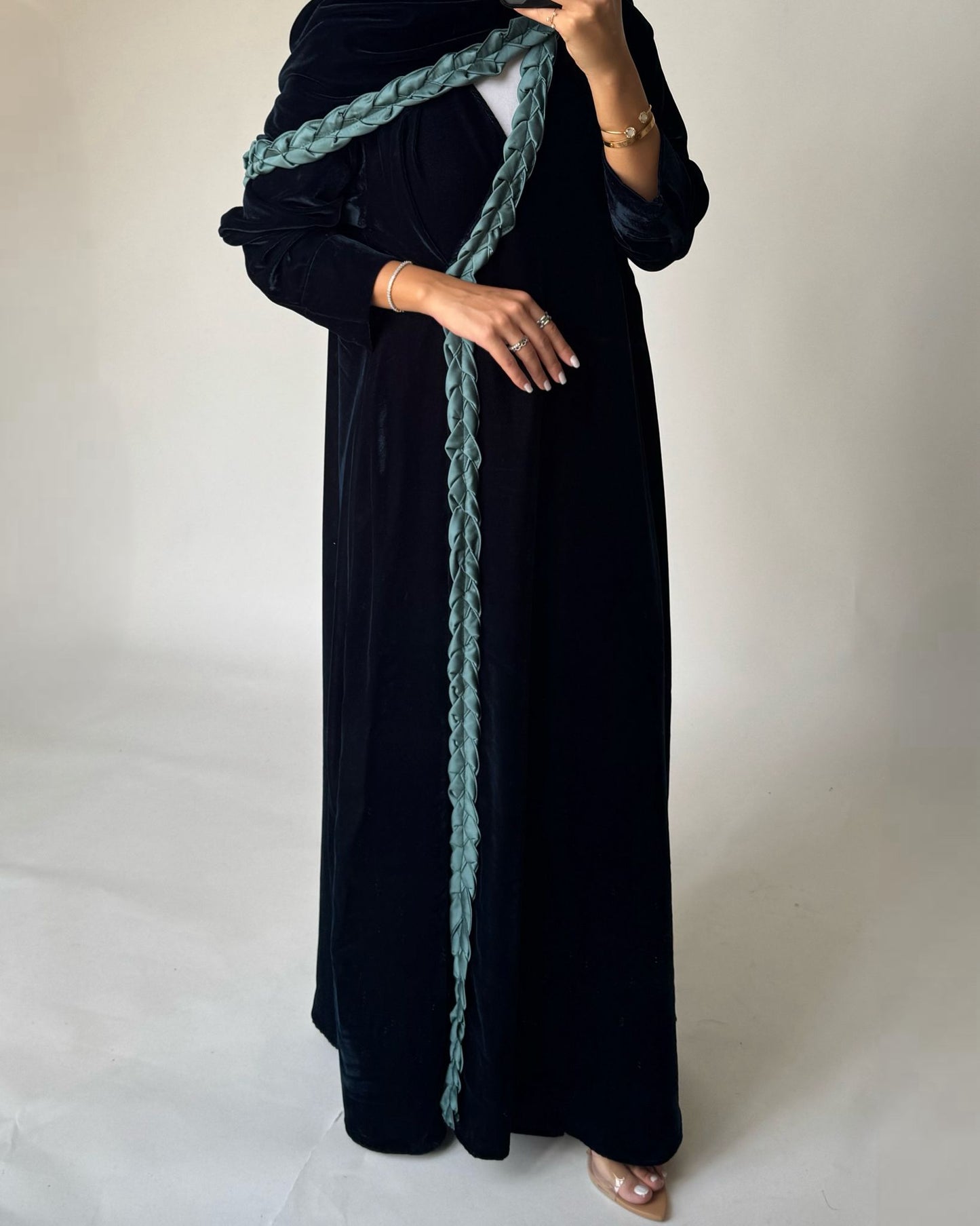 A476 - Turquoise Braided Velvet Abaya with Matching Velvet Head Scarf