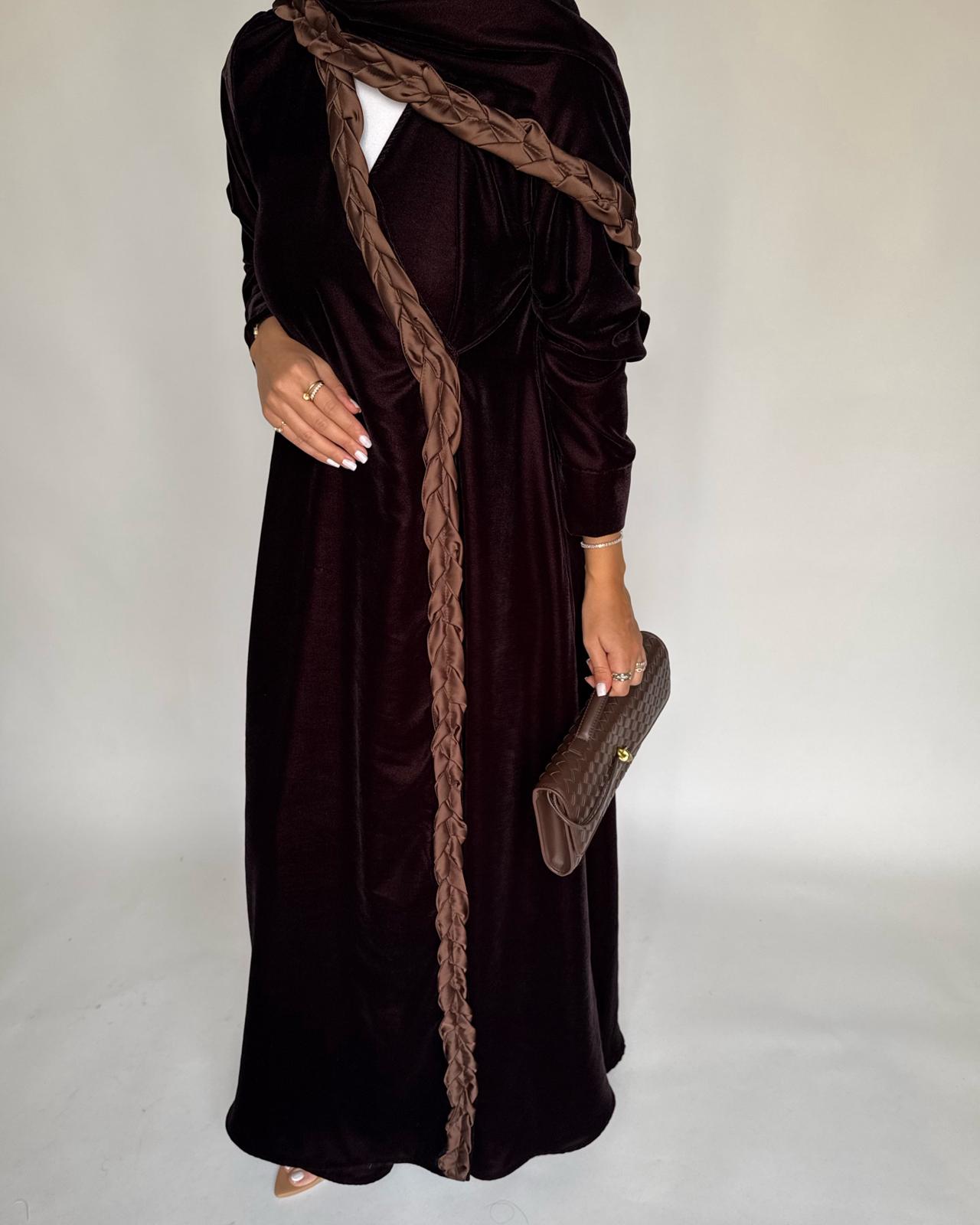 A477 - Brown Braided Velvet Abaya with Matching Velvet Head Scarf