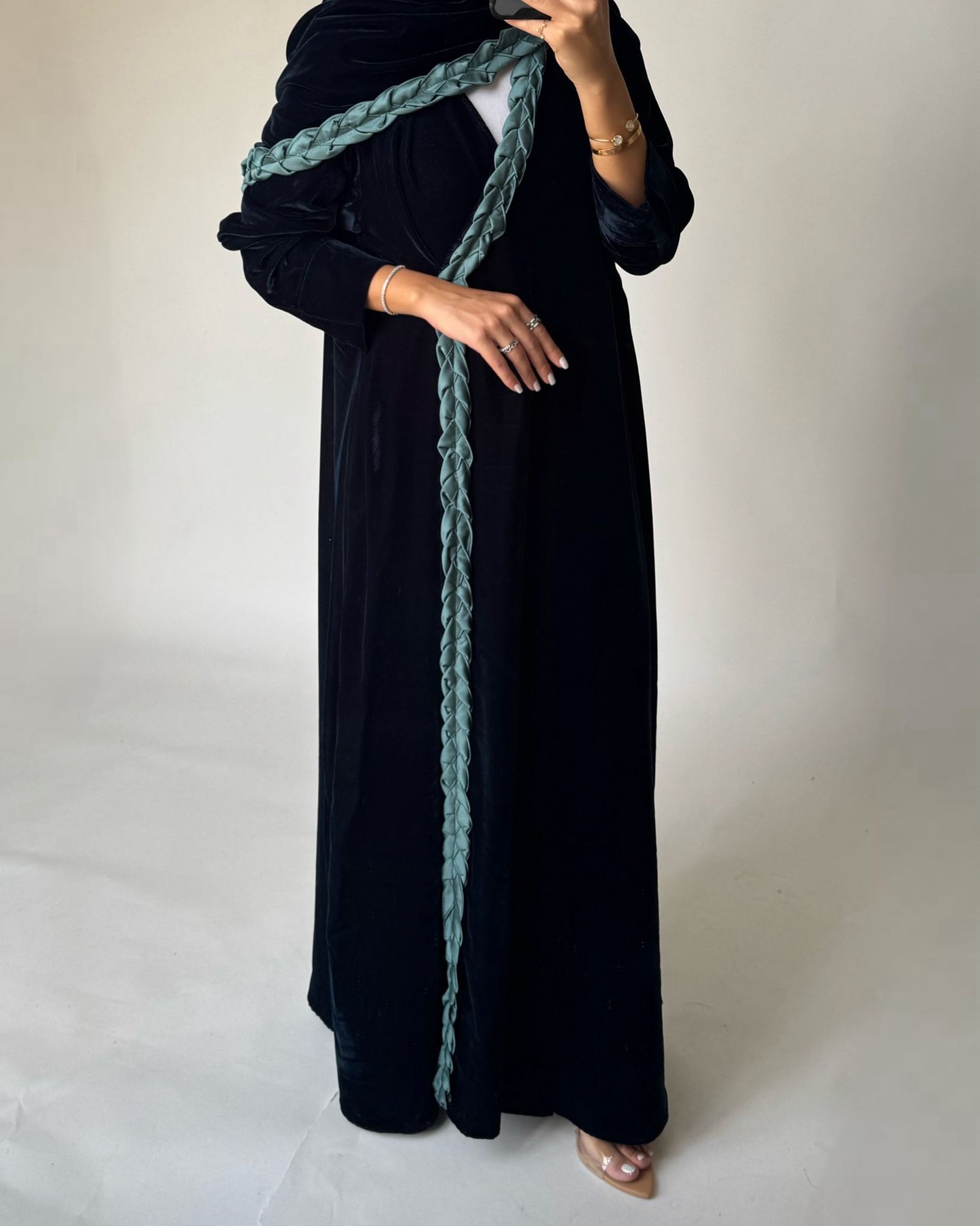 A476 - Turquoise Braided Velvet Abaya with Matching Velvet Head Scarf