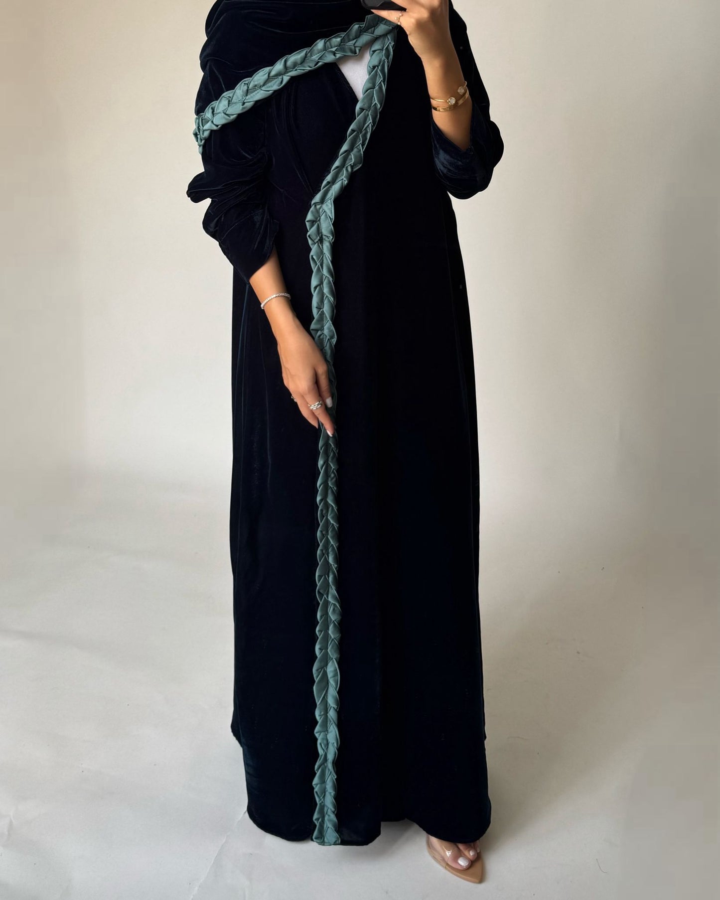 A476 - Turquoise Braided Velvet Abaya with Matching Velvet Head Scarf