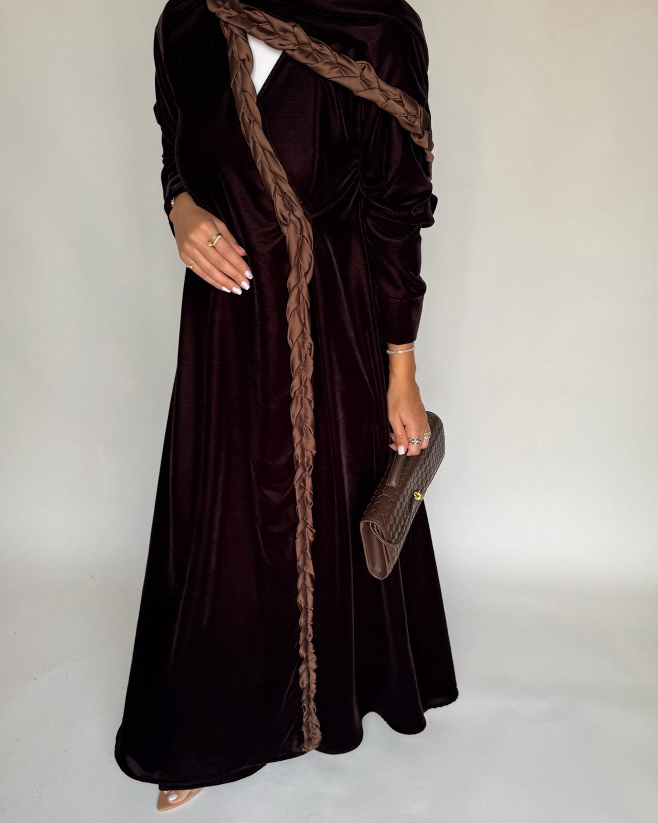 A477 - Brown Braided Velvet Abaya with Matching Velvet Head Scarf