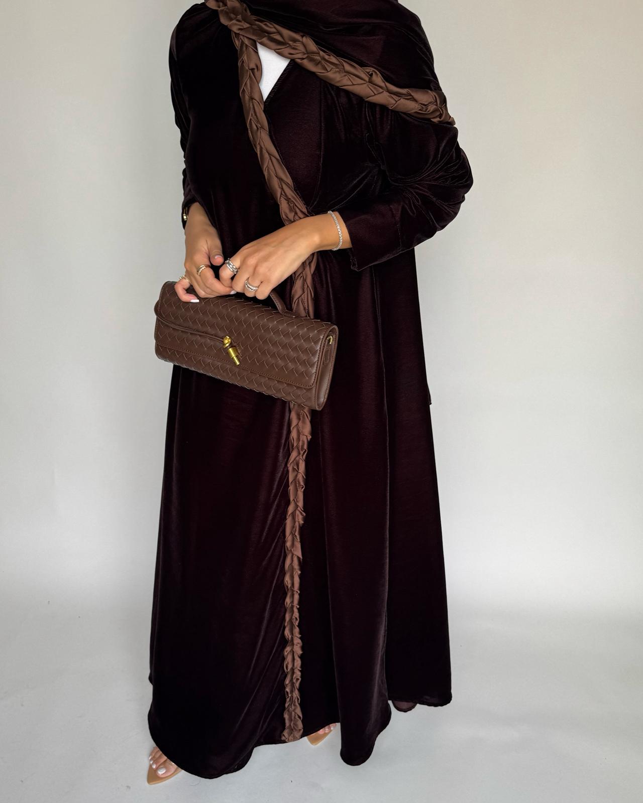 A477 - Brown Braided Velvet Abaya with Matching Velvet Head Scarf