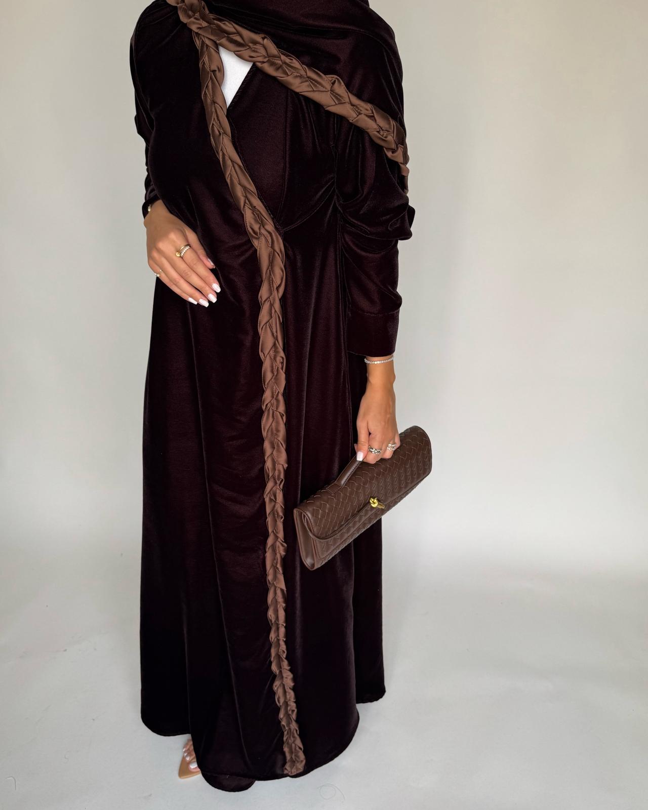 A477 - Brown Braided Velvet Abaya with Matching Velvet Head Scarf