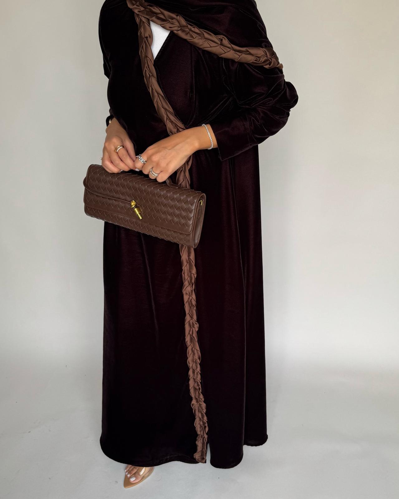 A477 - Brown Braided Velvet Abaya with Matching Velvet Head Scarf