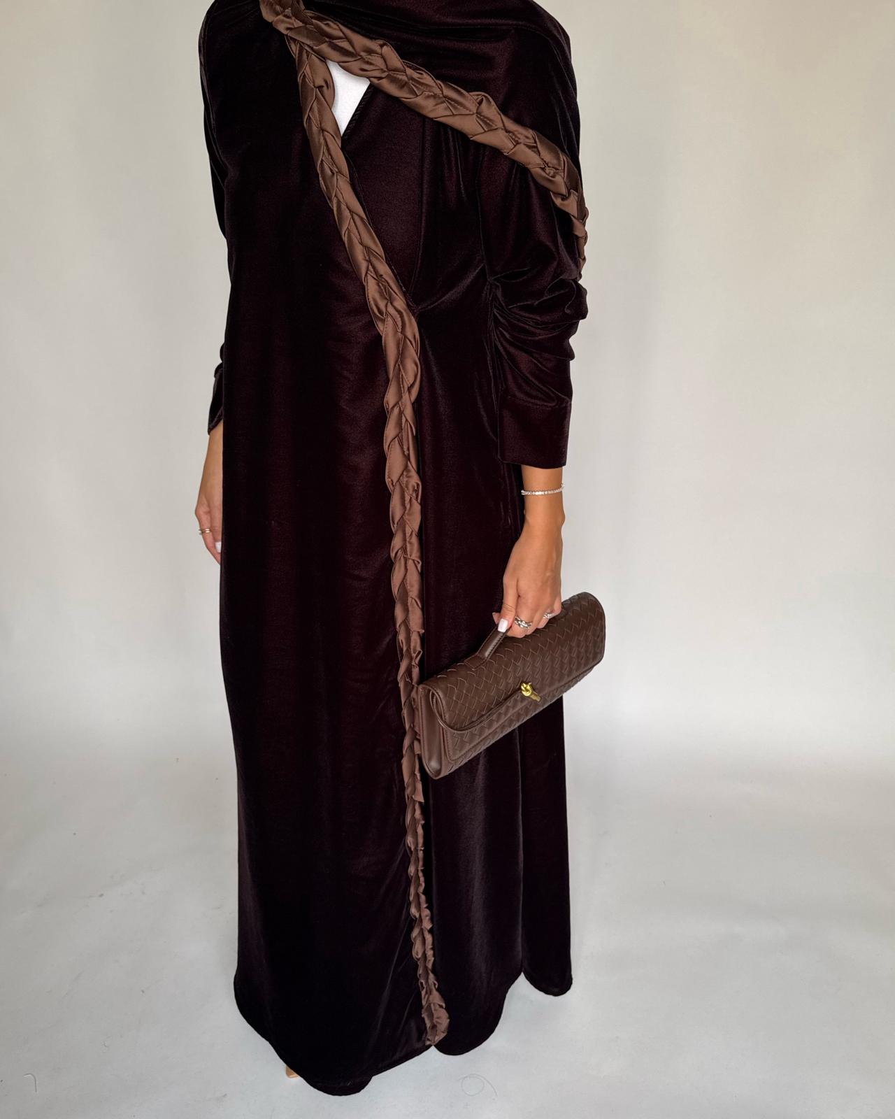 A477 - Brown Braided Velvet Abaya with Matching Velvet Head Scarf