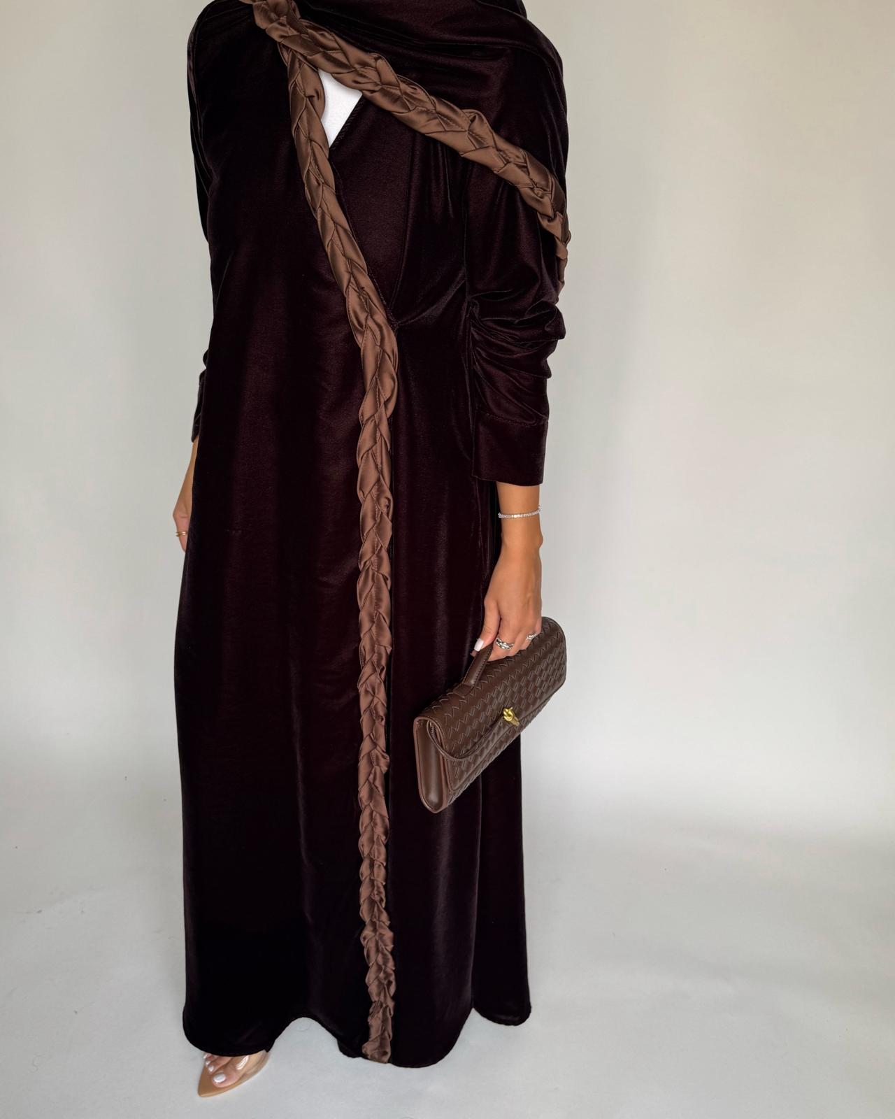 A477 - Brown Braided Velvet Abaya with Matching Velvet Head Scarf