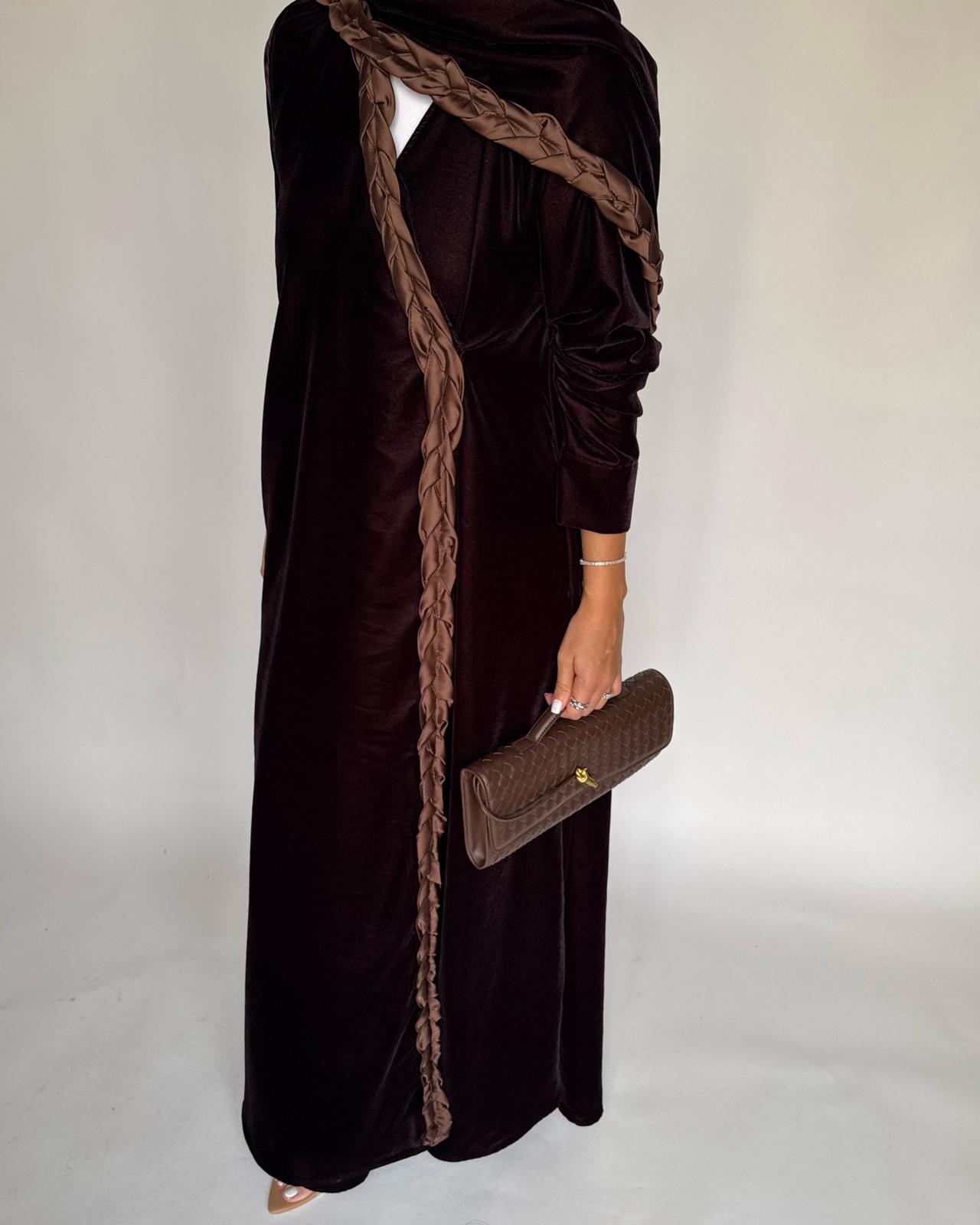 A477 - Brown Braided Velvet Abaya with Matching Velvet Head Scarf