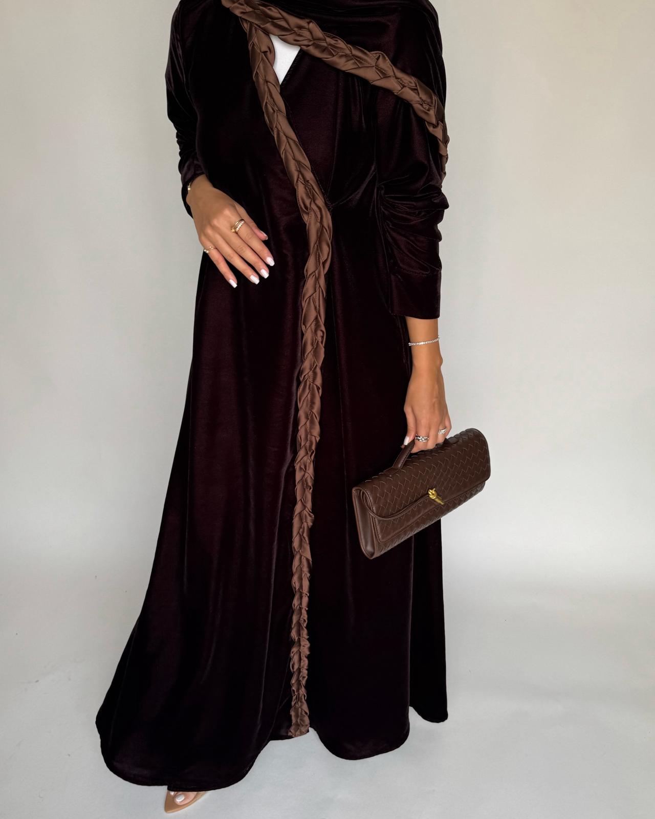 A477 - Brown Braided Velvet Abaya with Matching Velvet Head Scarf