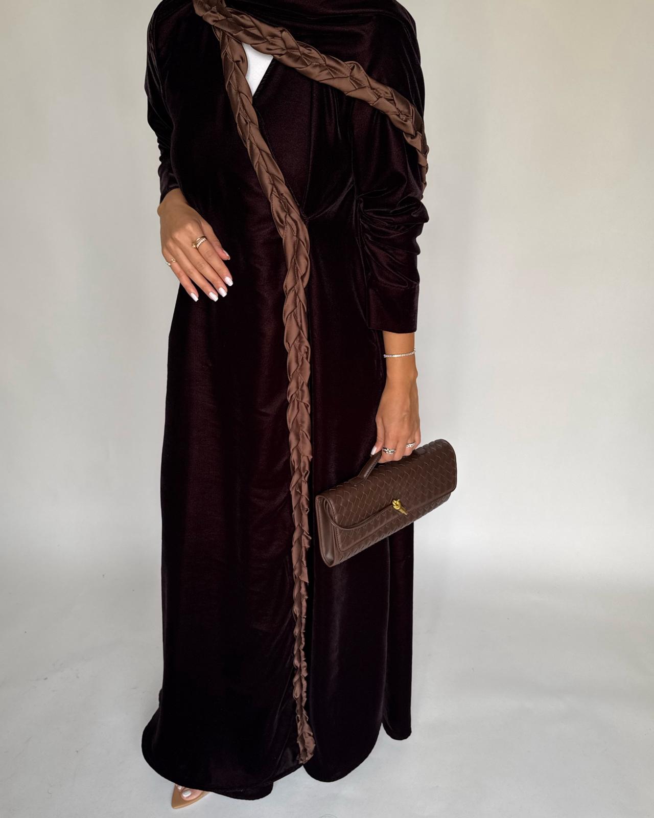 A477 - Brown Braided Velvet Abaya with Matching Velvet Head Scarf