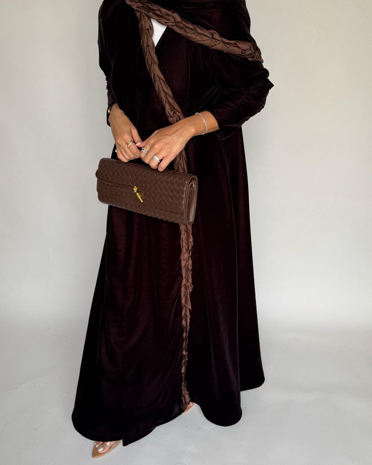 A477 - Brown Braided Velvet Abaya with Matching Velvet Head Scarf