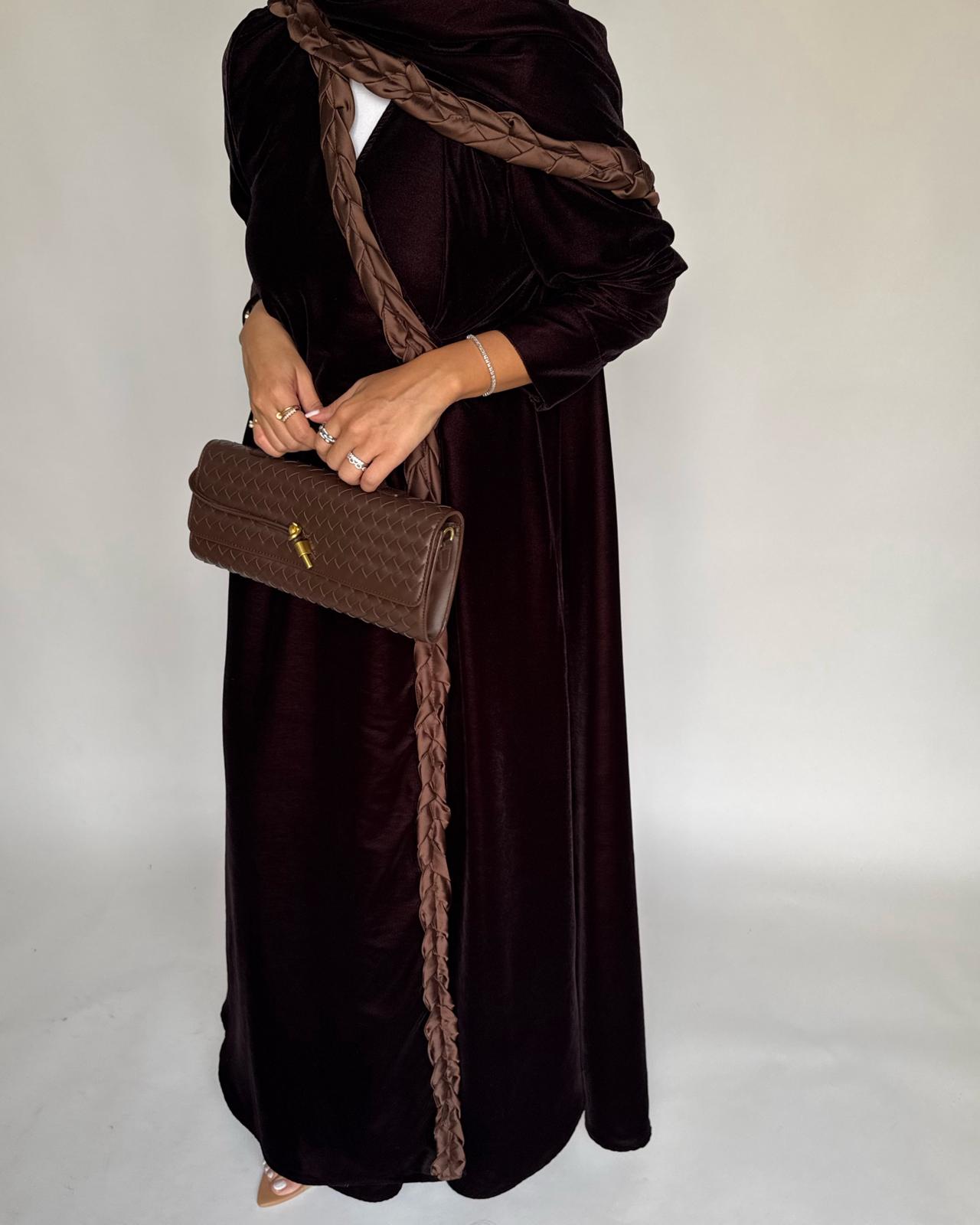 A477 - Brown Braided Velvet Abaya with Matching Velvet Head Scarf