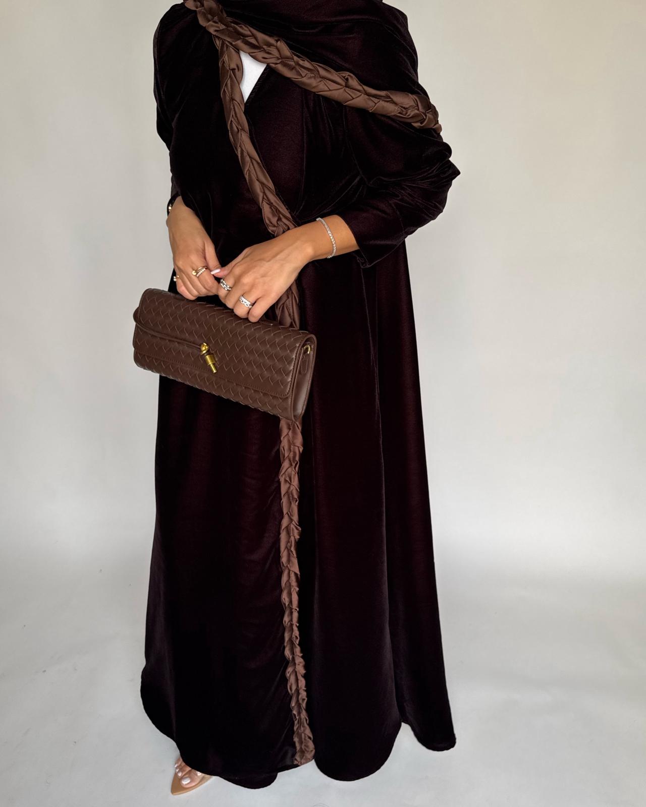 A477 - Brown Braided Velvet Abaya with Matching Velvet Head Scarf