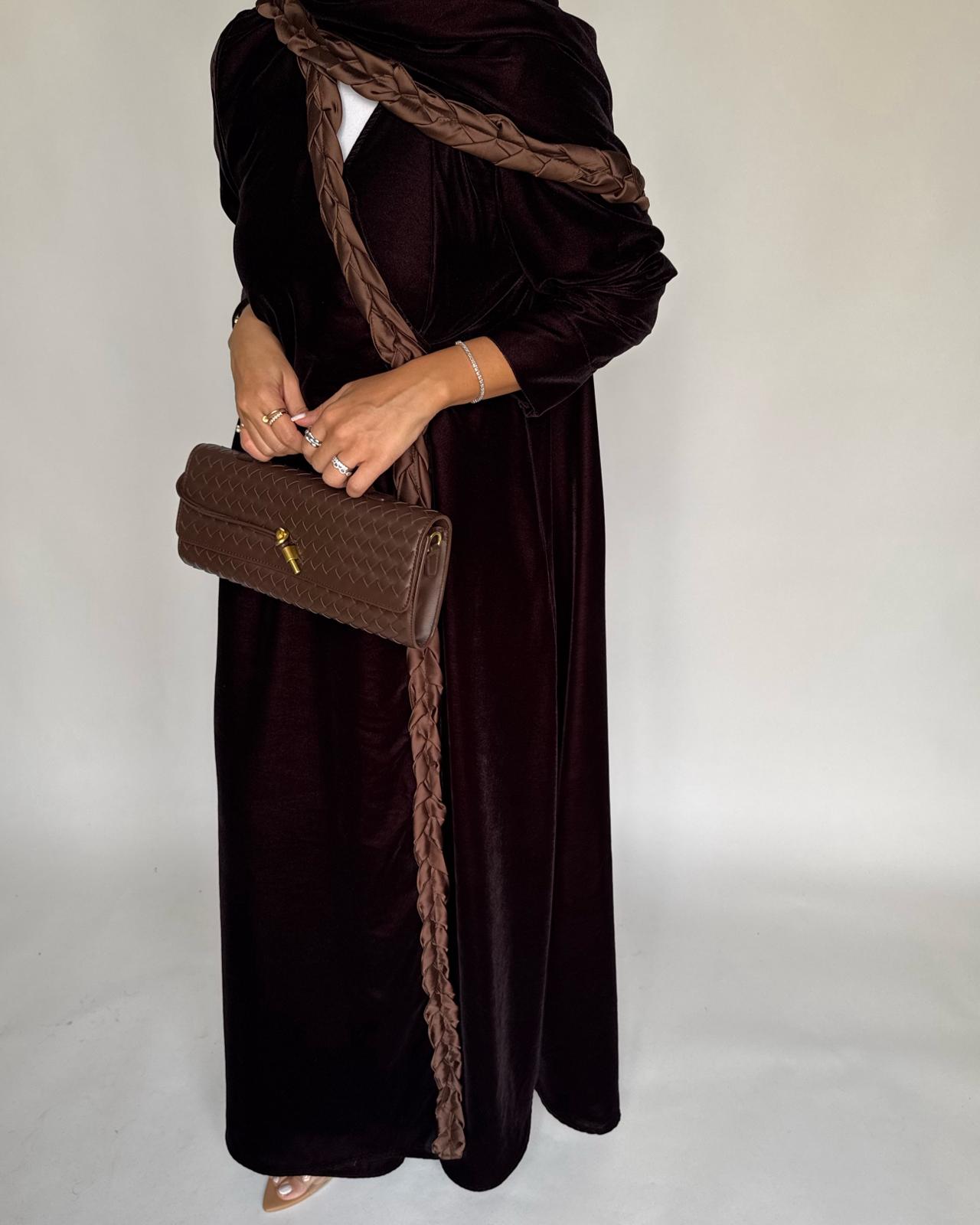 A477 - Brown Braided Velvet Abaya with Matching Velvet Head Scarf