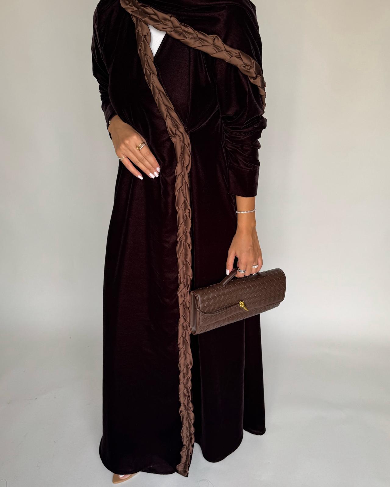 A477 - Brown Braided Velvet Abaya with Matching Velvet Head Scarf