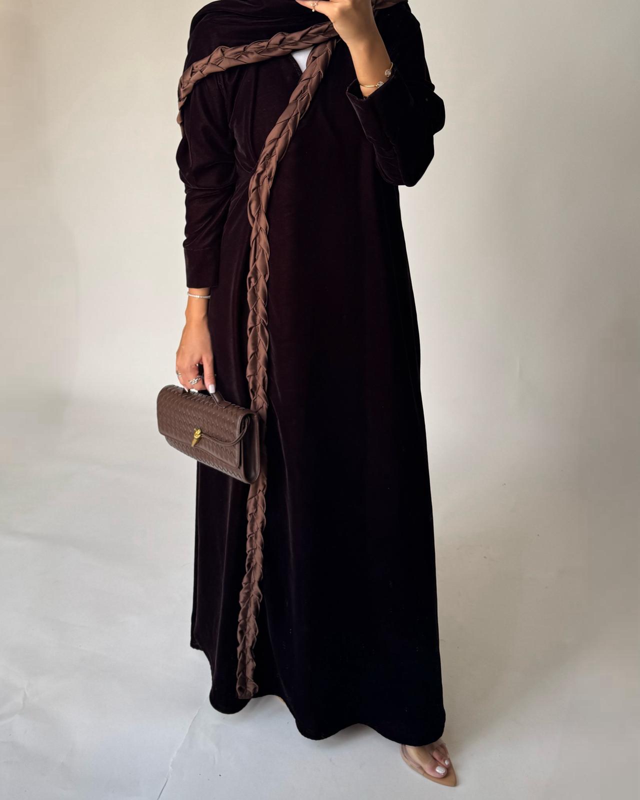 A477 - Brown Braided Velvet Abaya with Matching Velvet Head Scarf