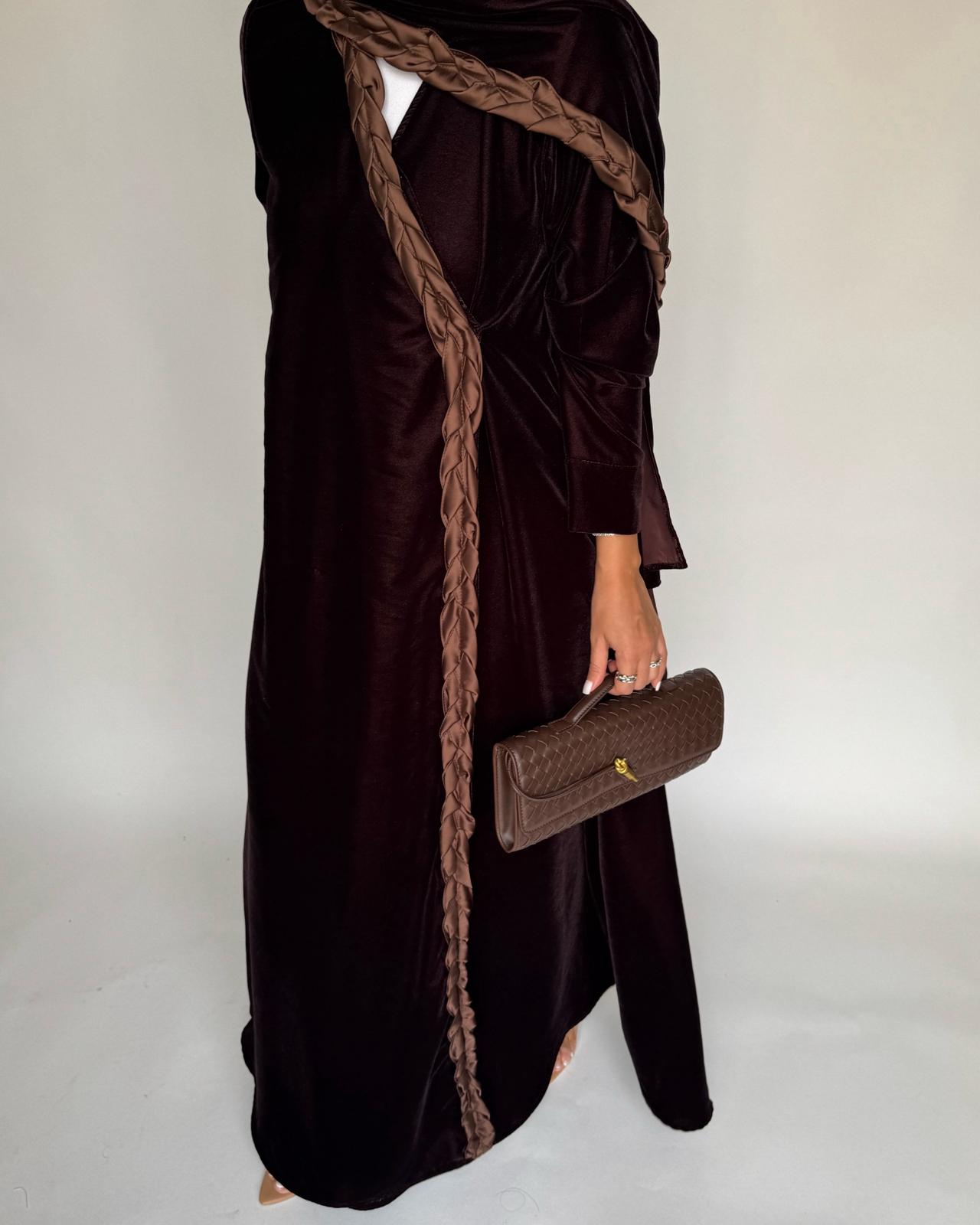 A477 - Brown Braided Velvet Abaya with Matching Velvet Head Scarf