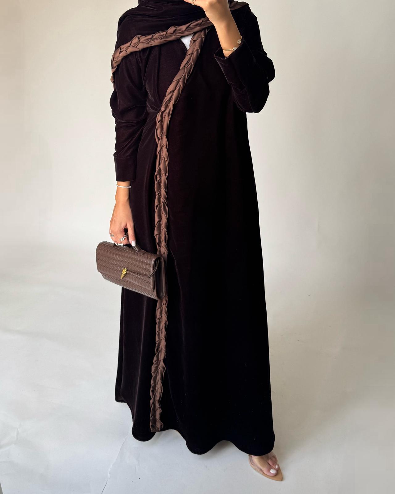 A477 - Brown Braided Velvet Abaya with Matching Velvet Head Scarf